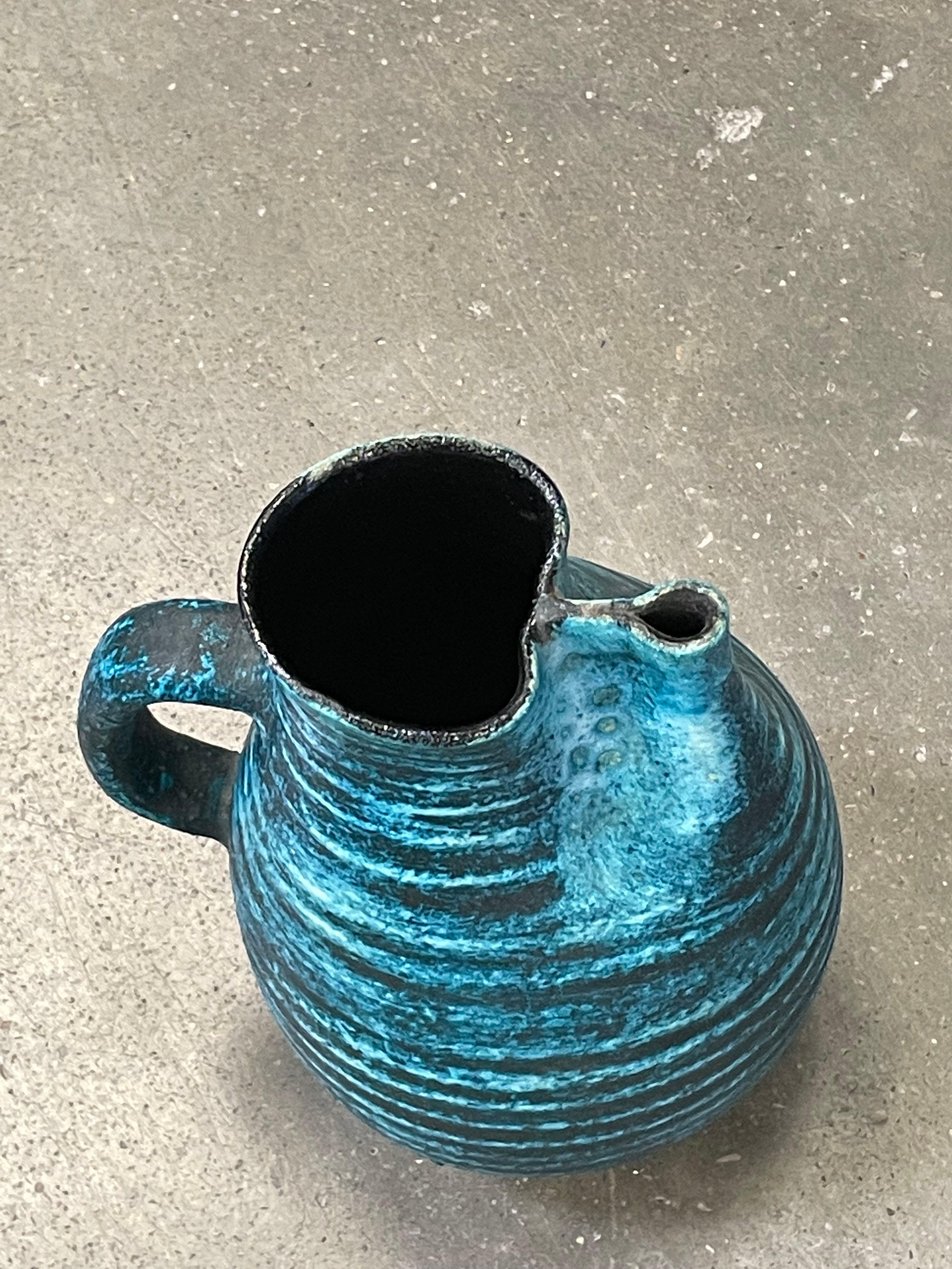 French Charcoal and Turquoise Horizontal Stripe Accolay Pitcher, France, Mid Century
