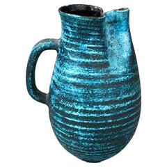 Charcoal and Turquoise Horizontal Stripe Accolay Pitcher, France, Mid Century