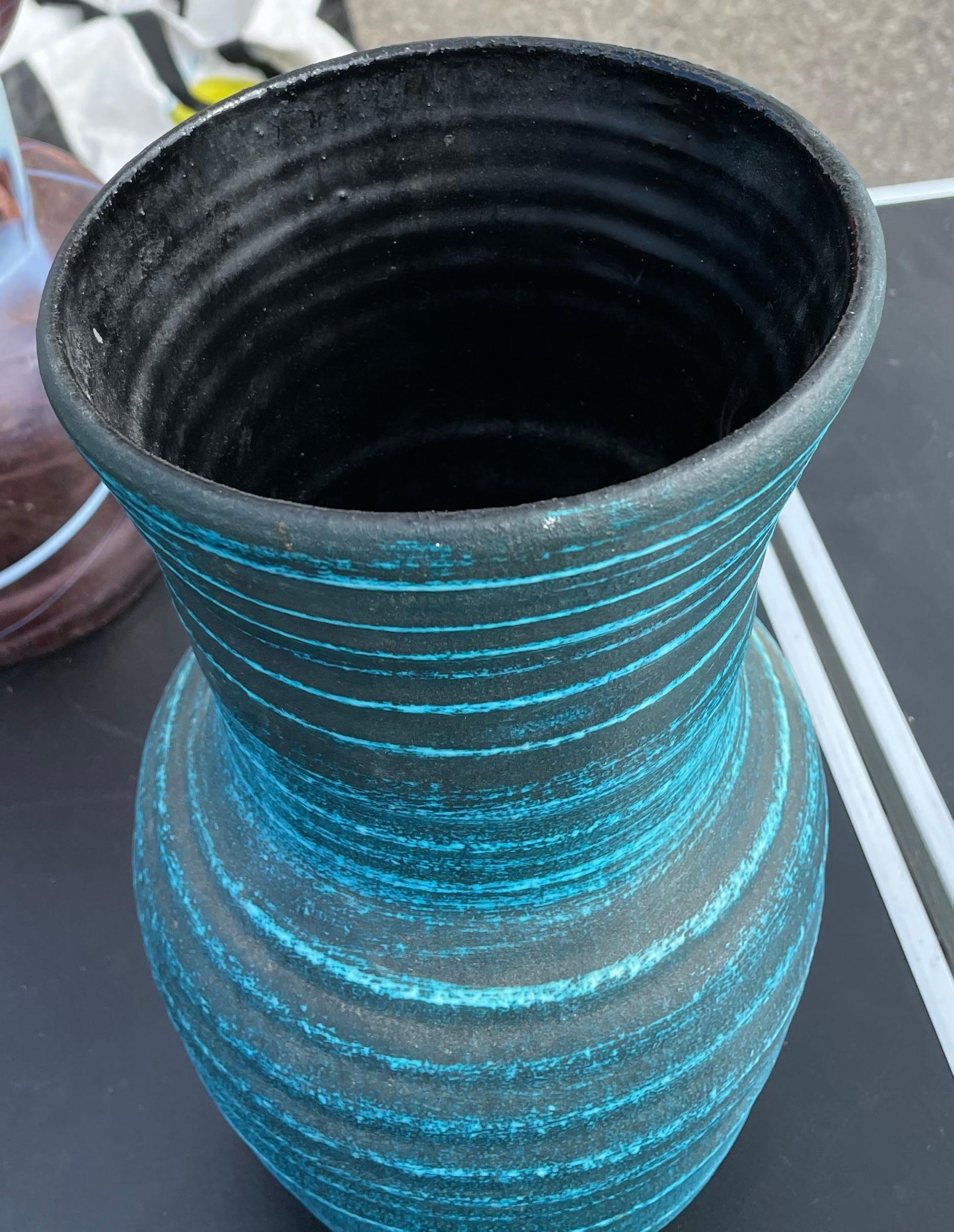 French Charcoal and Turquoise Horizontal Stripe Accolay Vase, France, Mid Century
