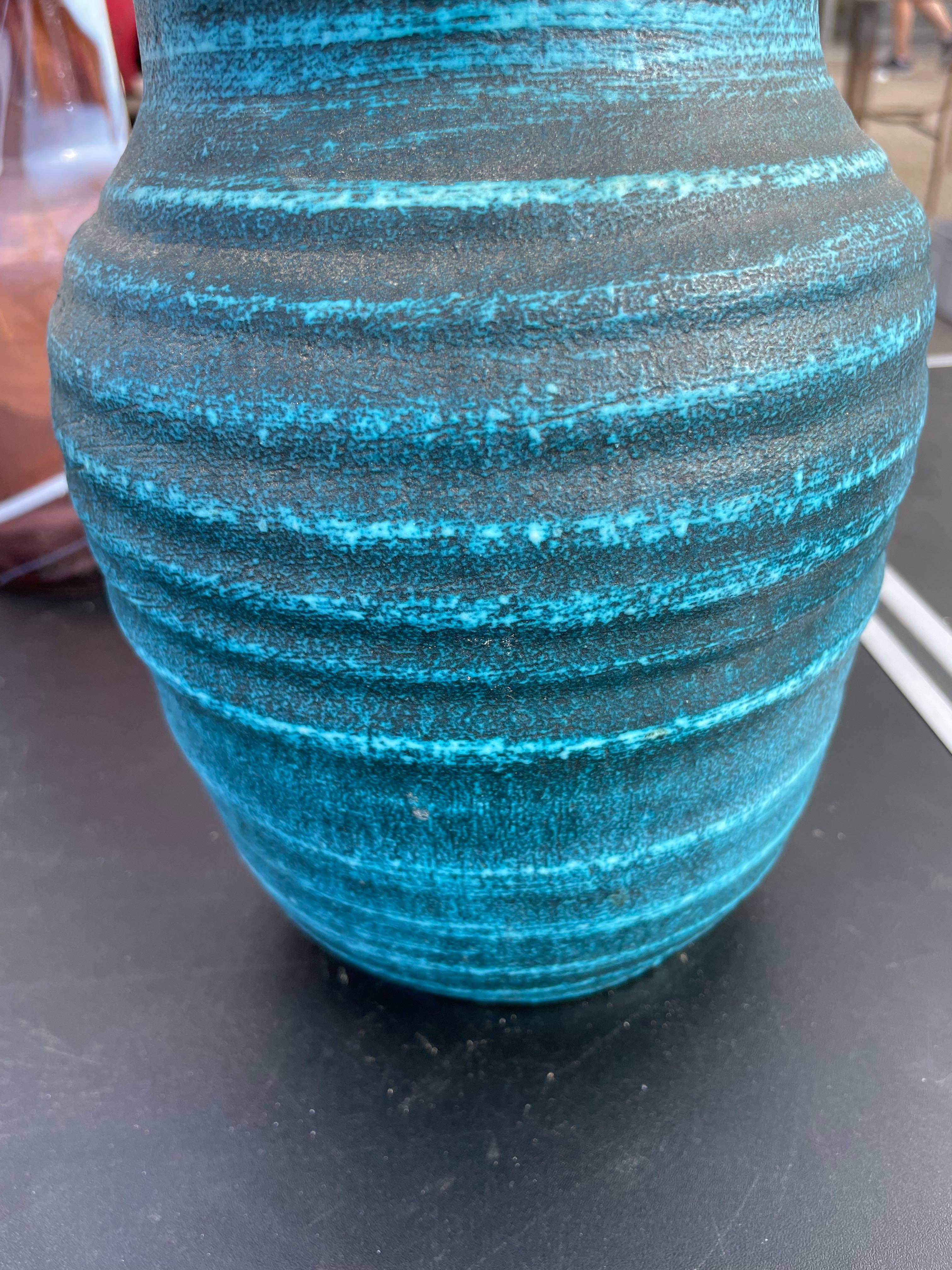 20th Century Charcoal and Turquoise Horizontal Stripe Accolay Vase, France, Mid Century