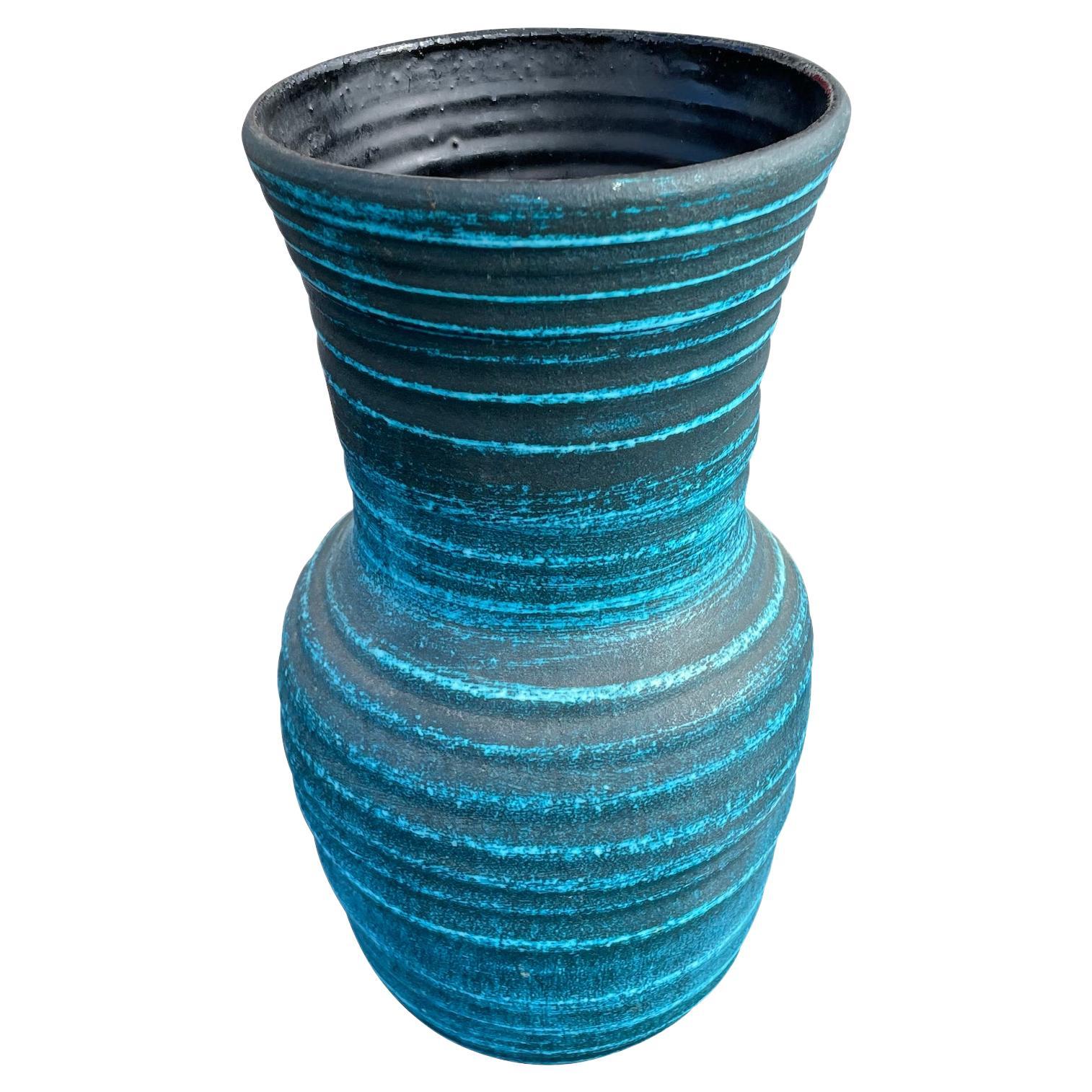 Charcoal and Turquoise Horizontal Stripe Accolay Vase, France, Mid Century