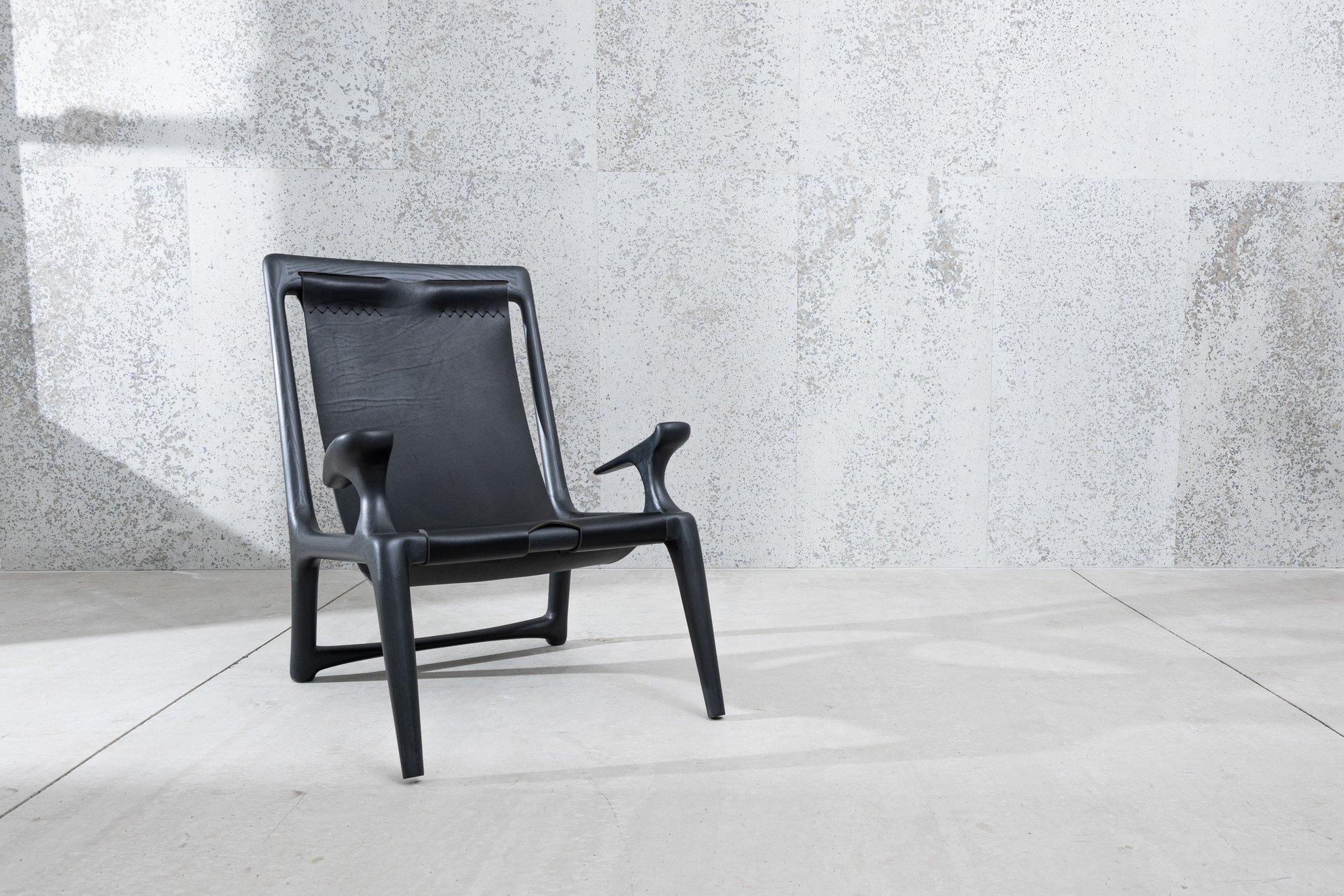 Charcoal ash & leather sling chair by Fernweh Woodworking
Dimensions: 
W 27