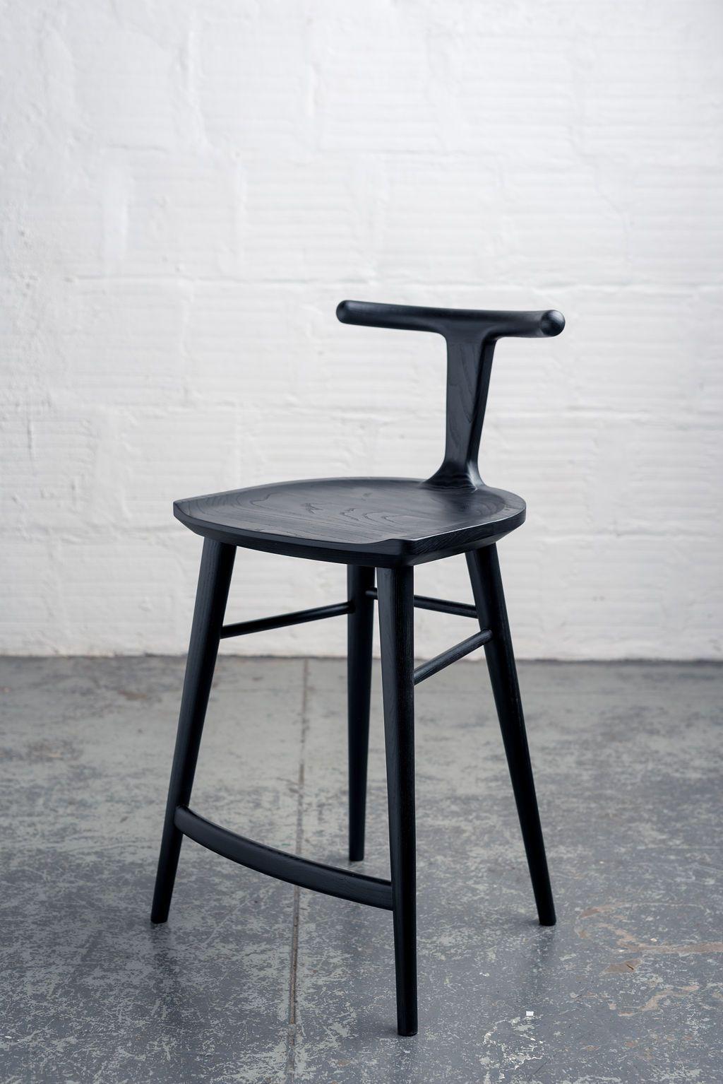 Contemporary Charcoal Ash Oxbend Stool with Leather Seat Pad by Fernweh Woodworking