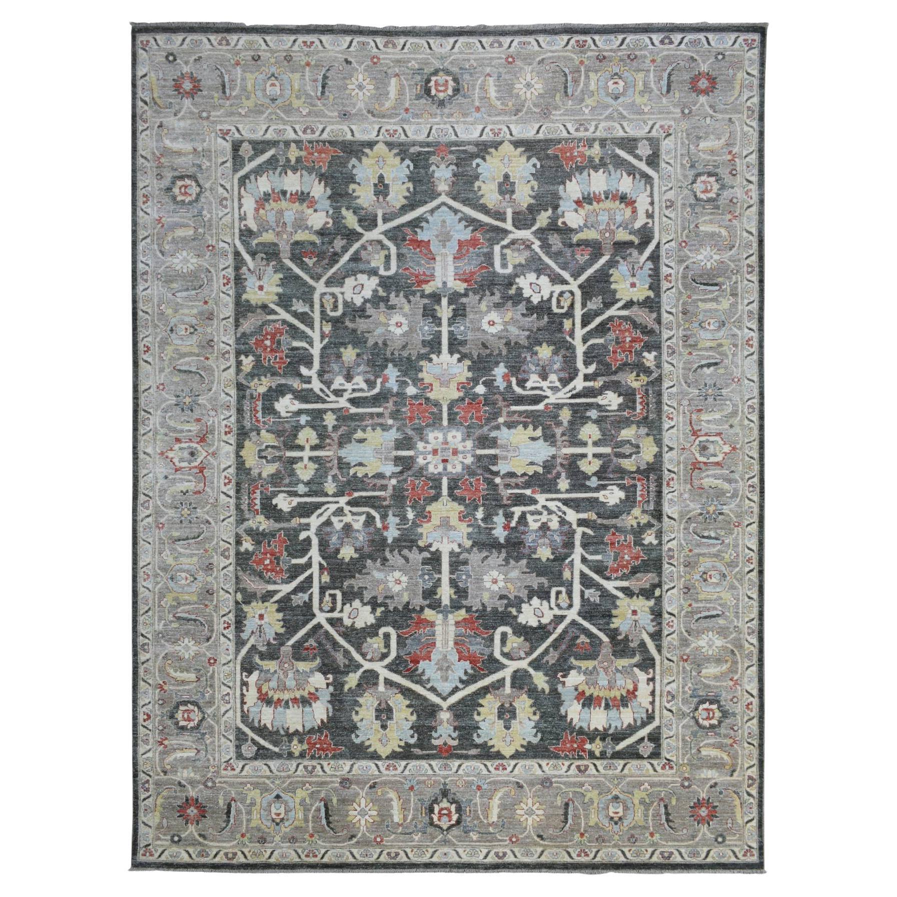 Charcoal Black Afghan Peshawar Extra Soft Wool Hand Knotted Rug 9'3" x 11'9"