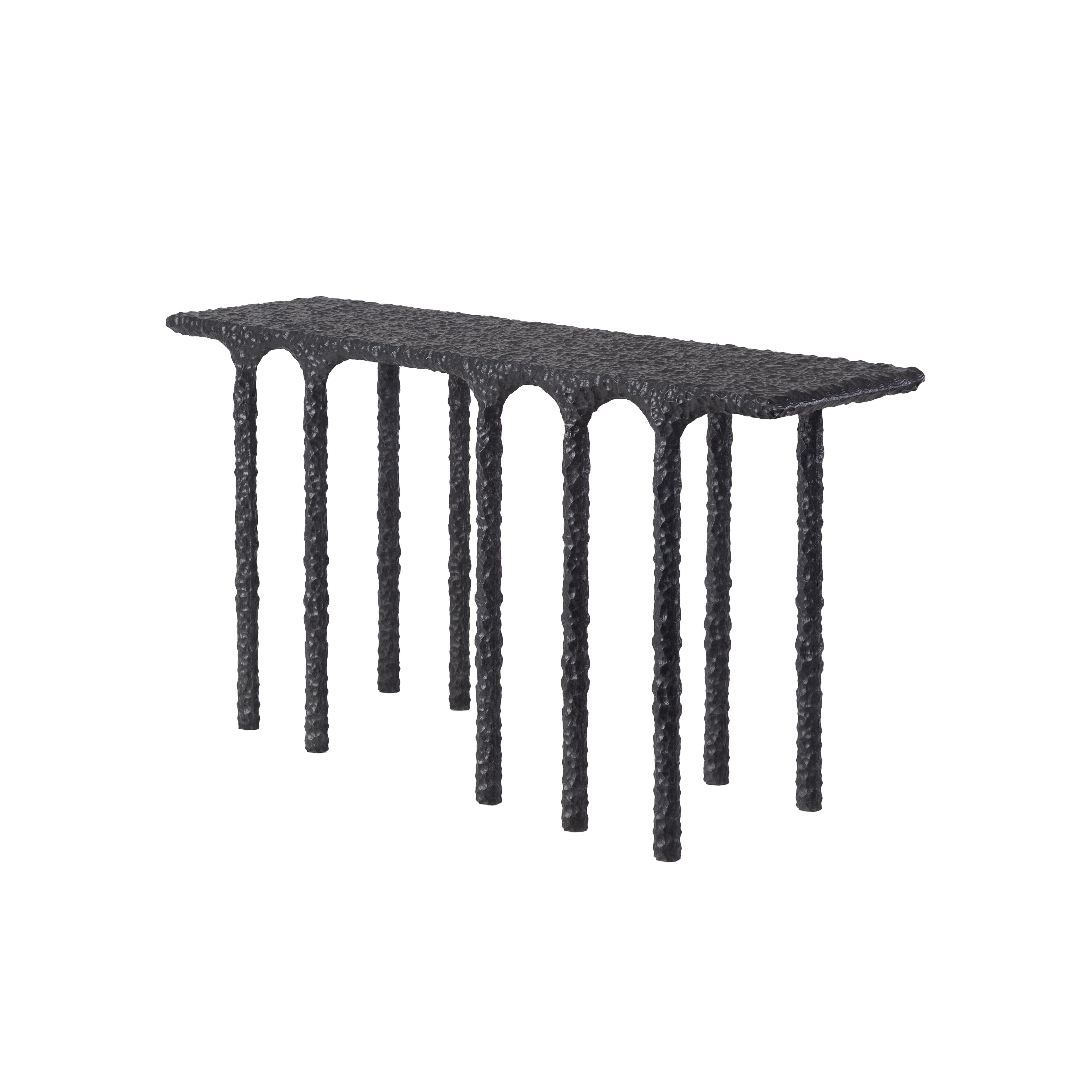 Charcoal Black Hand-Carved Massive Oak Wood Console with Multiple Arches.
Inspired by the legendary Egyptian architect Hassan Fathy, this console pays homage to his architectural philosophies and principles, from arches for ventilation, to a simpler