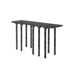 Charcoal Black Hand-Carved Massive Oak Console with Multiple Arches