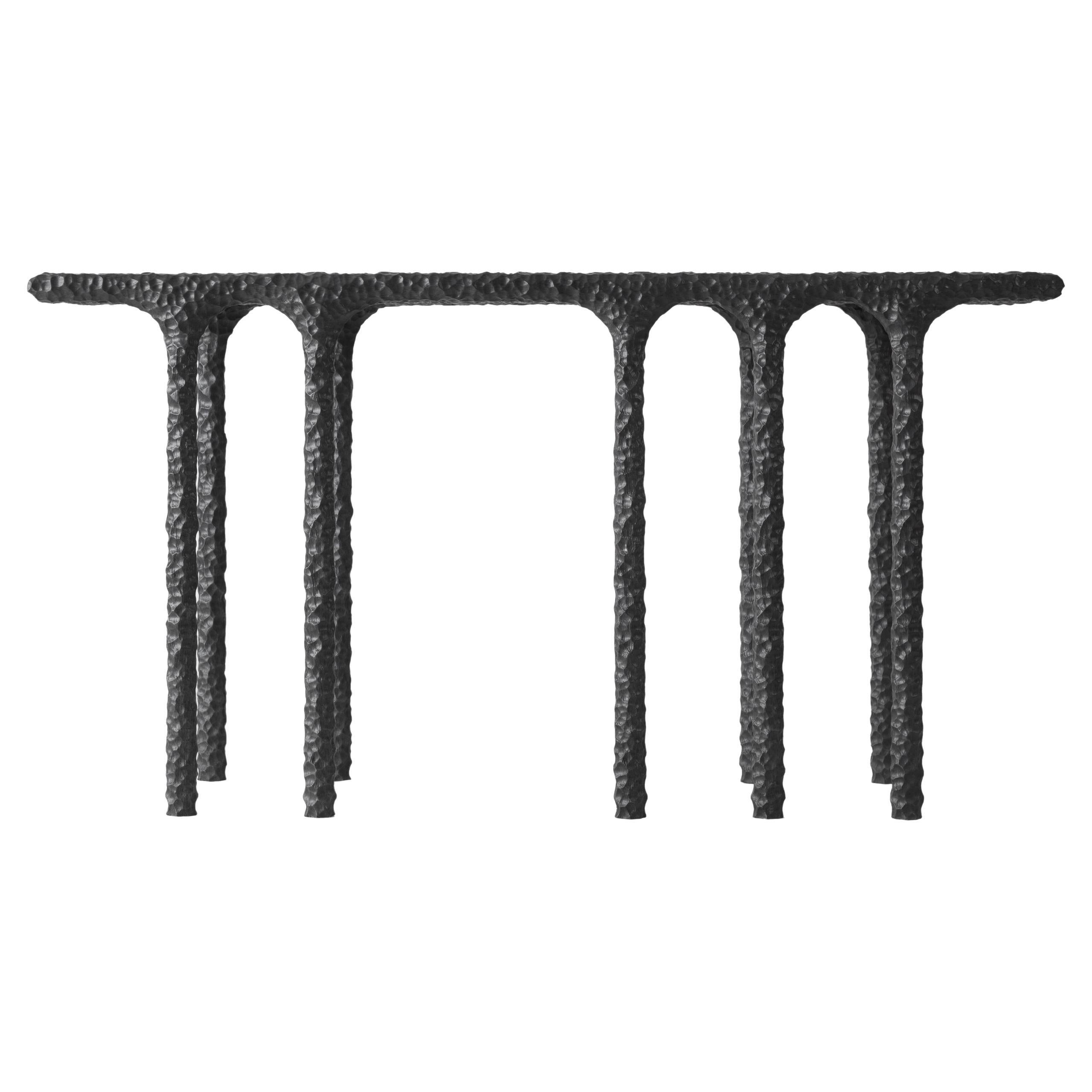 Console en chêne massif noir anthracite, sculptée à la main, avec plusieurs arches