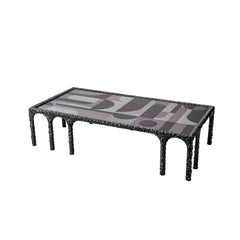 Charcoal Black Hand-Carved Veneer & Oak Coffee Table with Multiple Arches