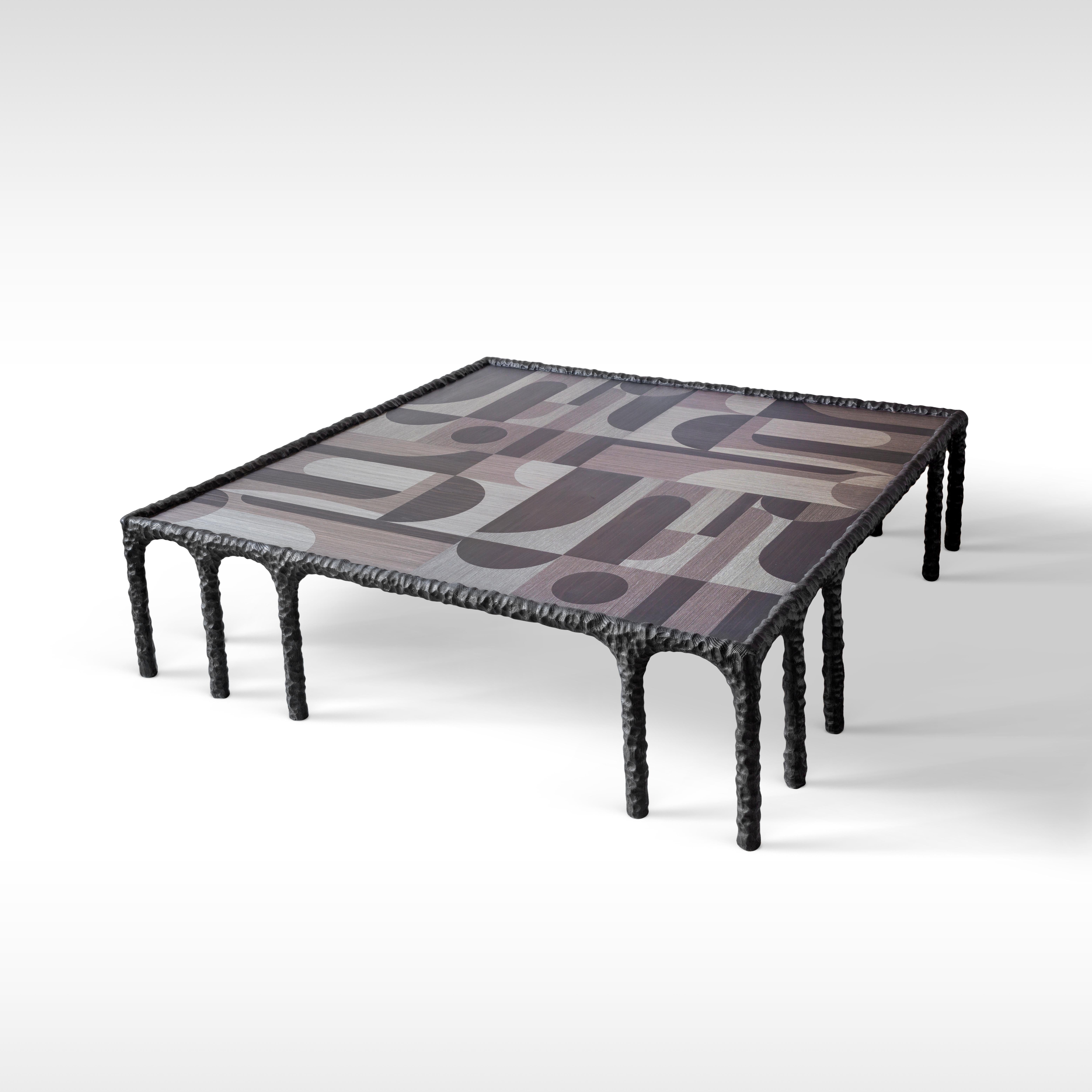 Moderno Charcoal Black Hand-Carved Veneer & Oak Coffee Table with Multiple Arches in vendita