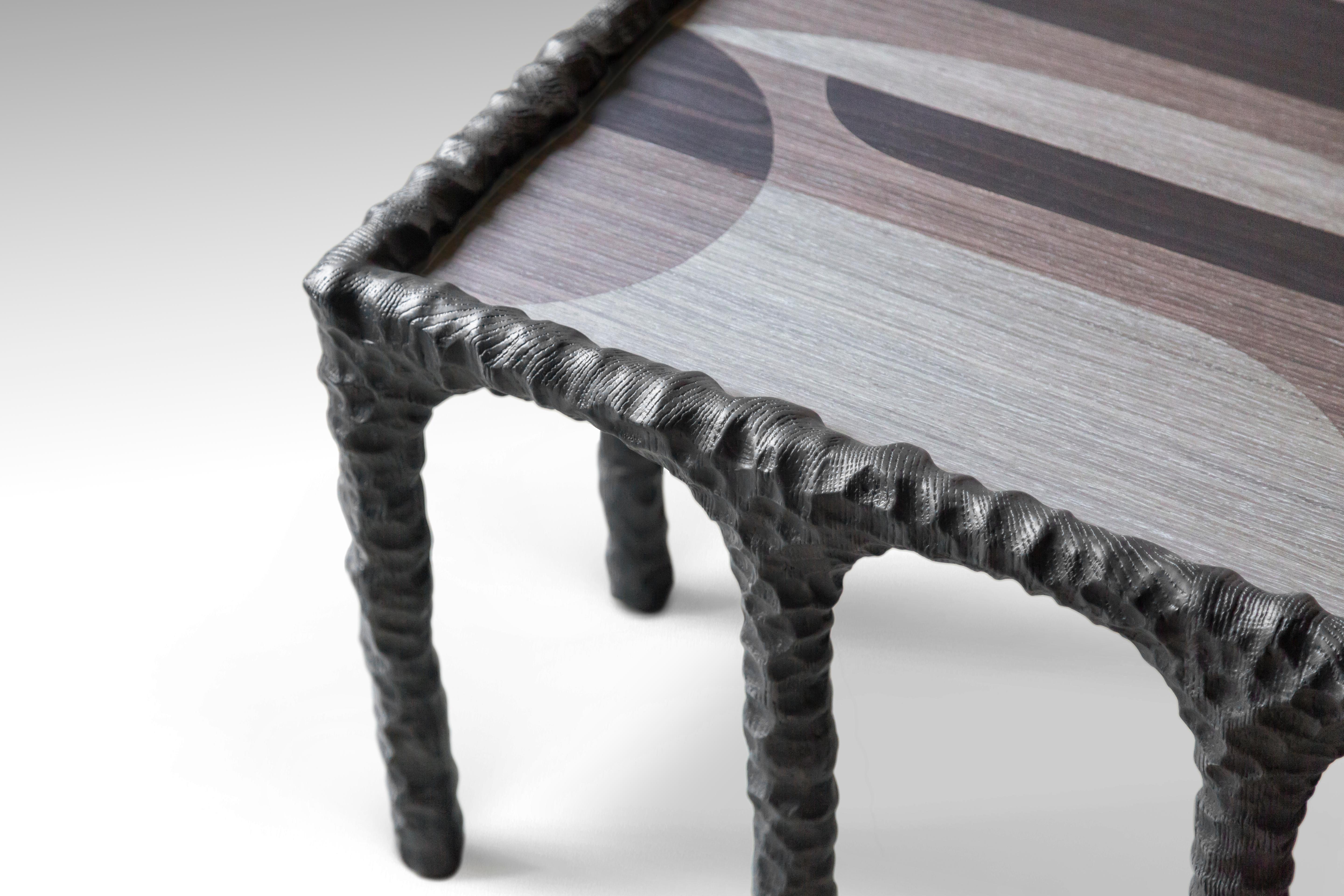 Egizio Charcoal Black Hand-Carved Veneer & Oak Coffee Table with Multiple Arches in vendita