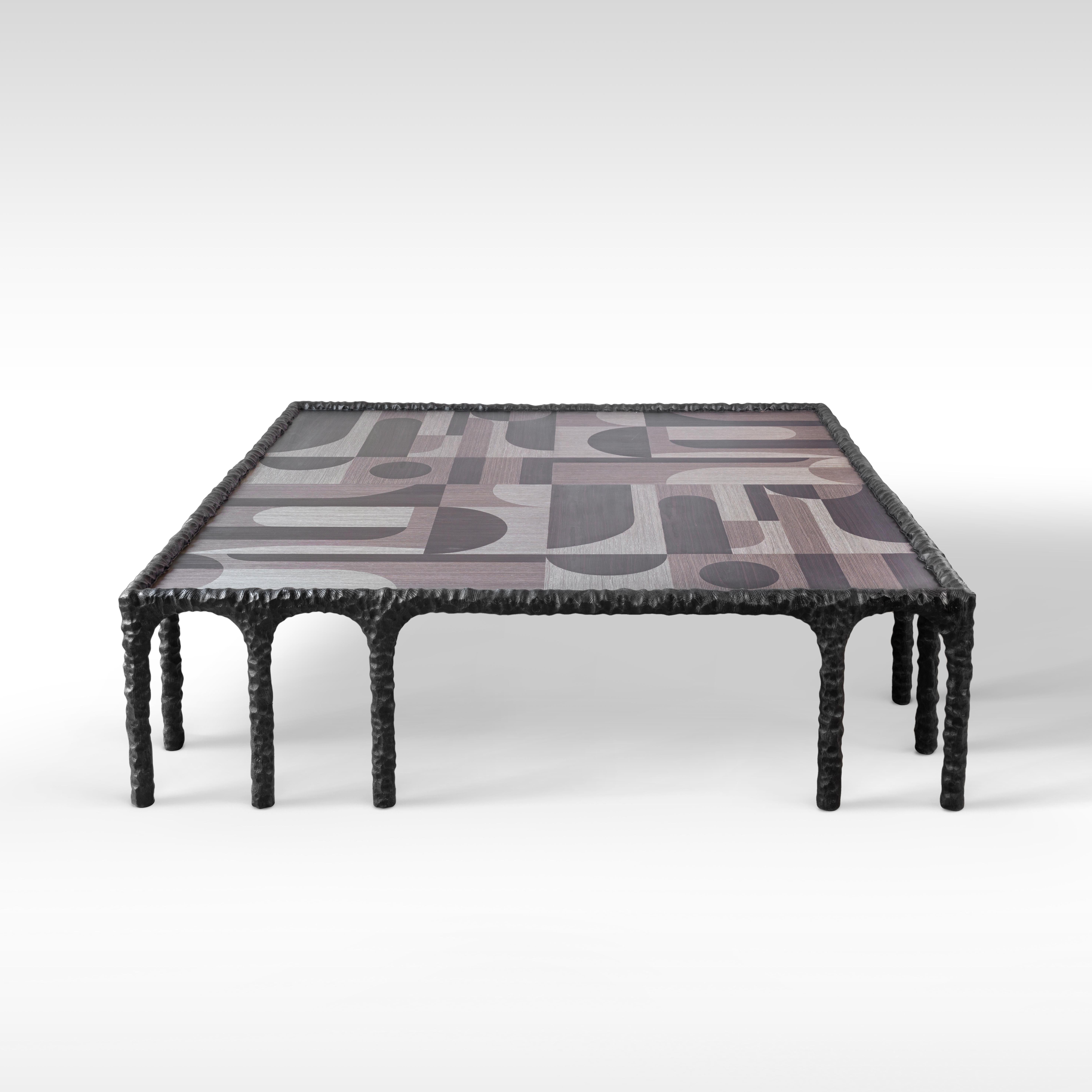 Fatto a mano Charcoal Black Hand-Carved Veneer & Oak Coffee Table with Multiple Arches in vendita