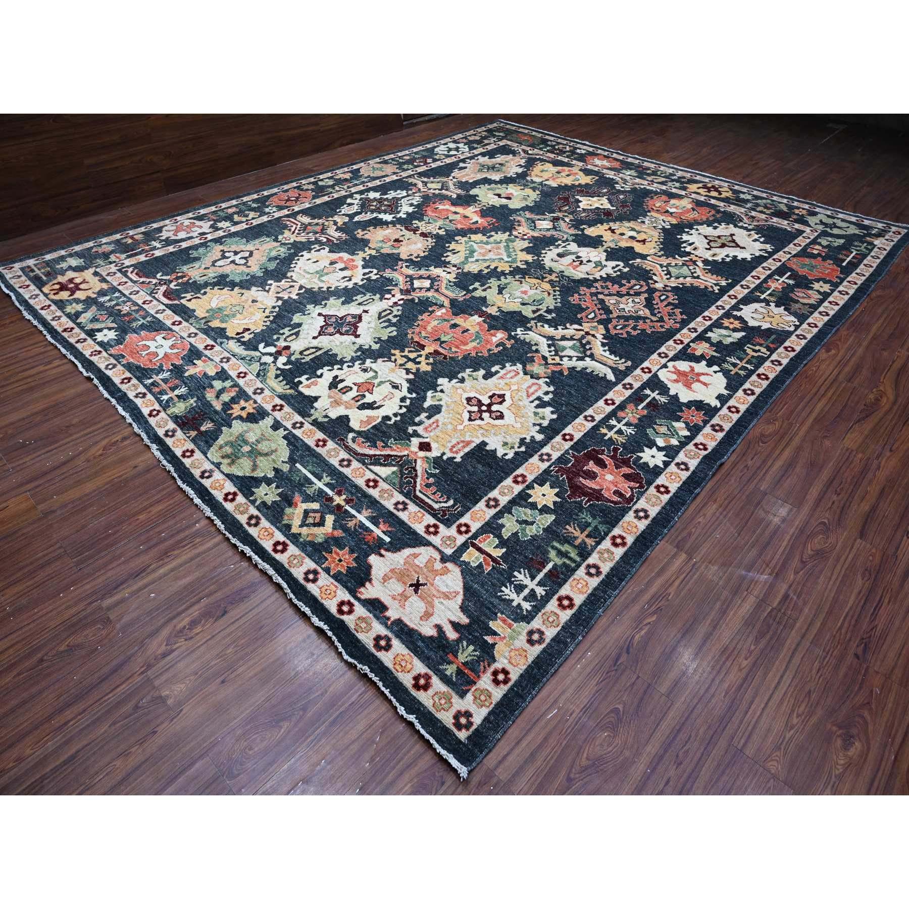 Alfombra Oriental Anudada a Mano de Lana Afgana Angora Oushak Negro Carbón 11'10 