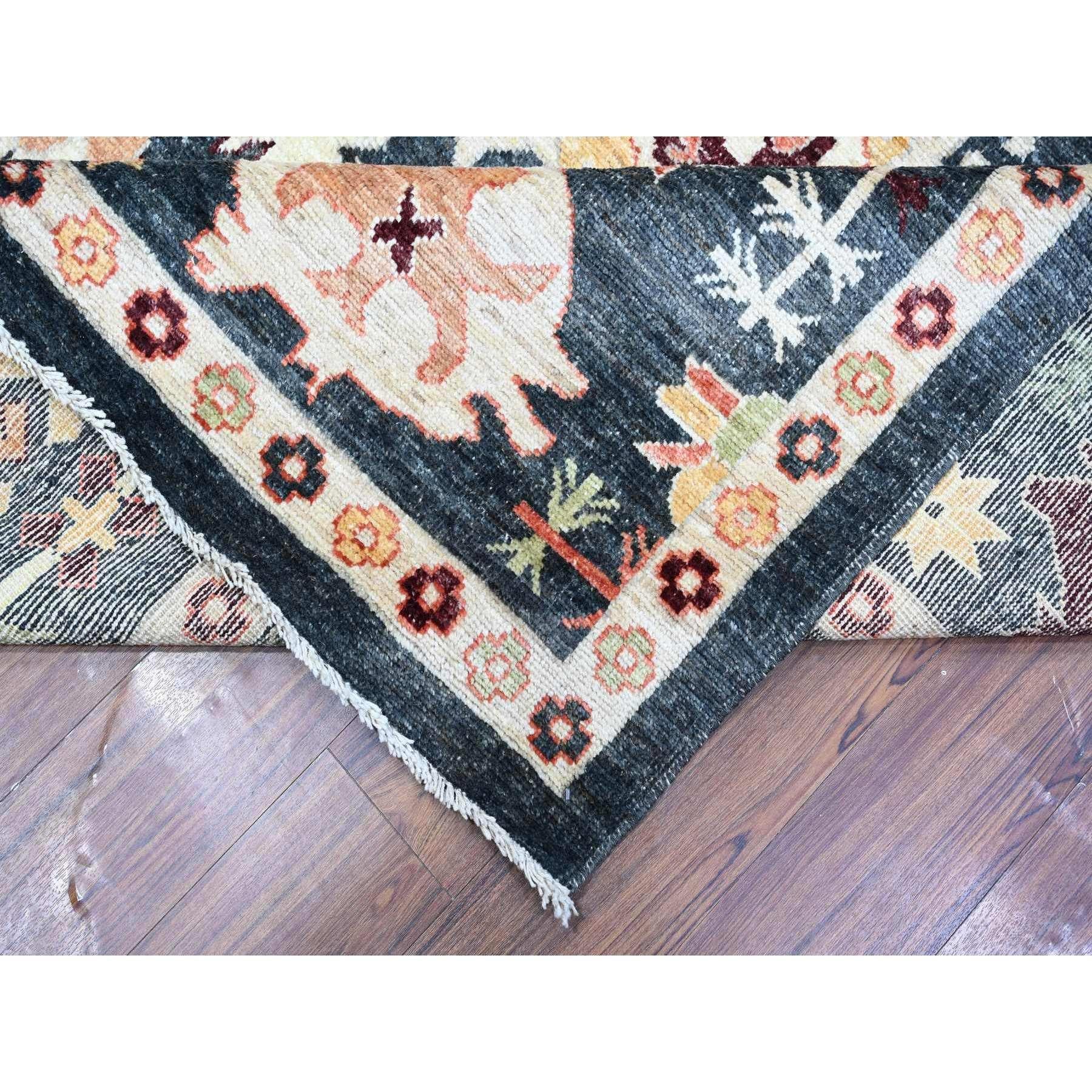 Alfombra Oriental Anudada a Mano de Lana Afgana Angora Oushak Negro Carbón 11'10 