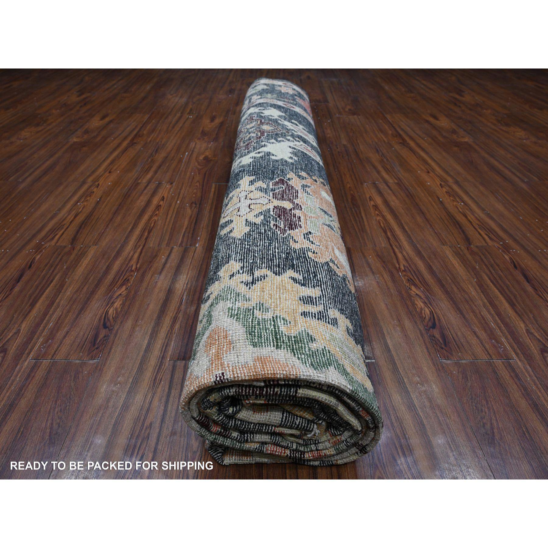 Alfombra Oriental Anudada a Mano de Lana Afgana Angora Oushak Negro Carbón 11'10 