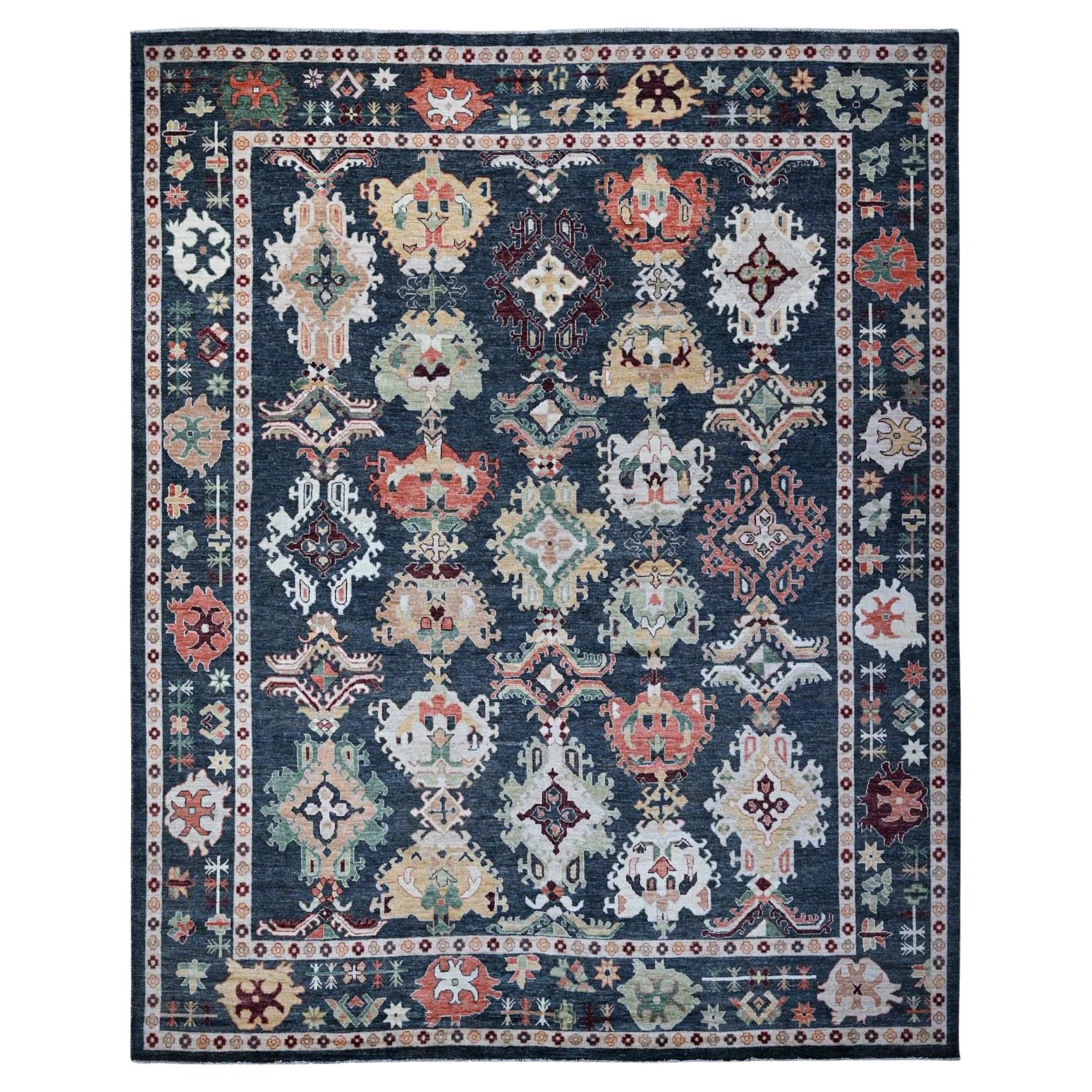 Charcoal Black Hand Knotted Afghan Wool Angora Oushak Oriental Rug 11'10"x14'5"