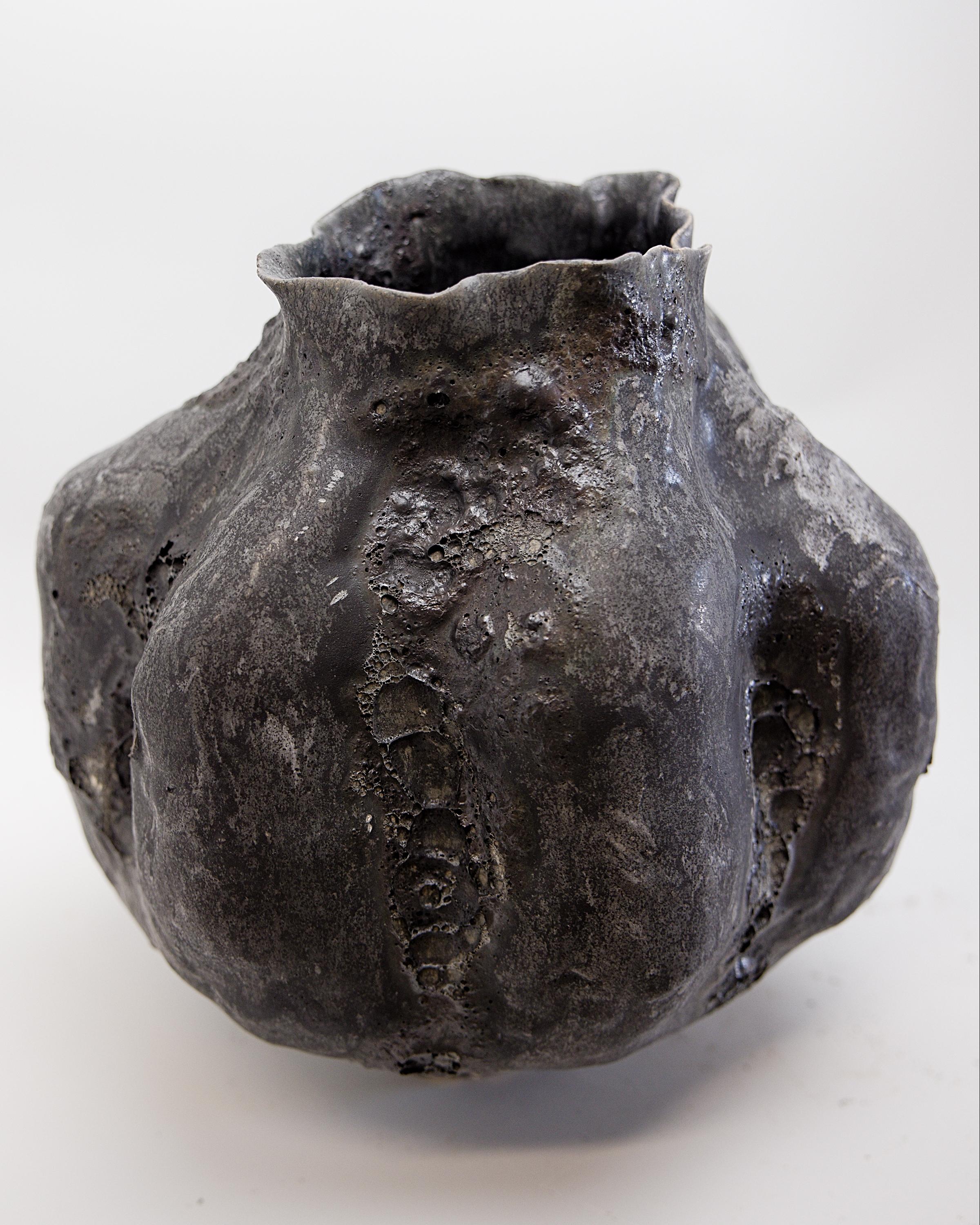 Organic Modern Charcoal Black Lava Gourd Vase For Sale