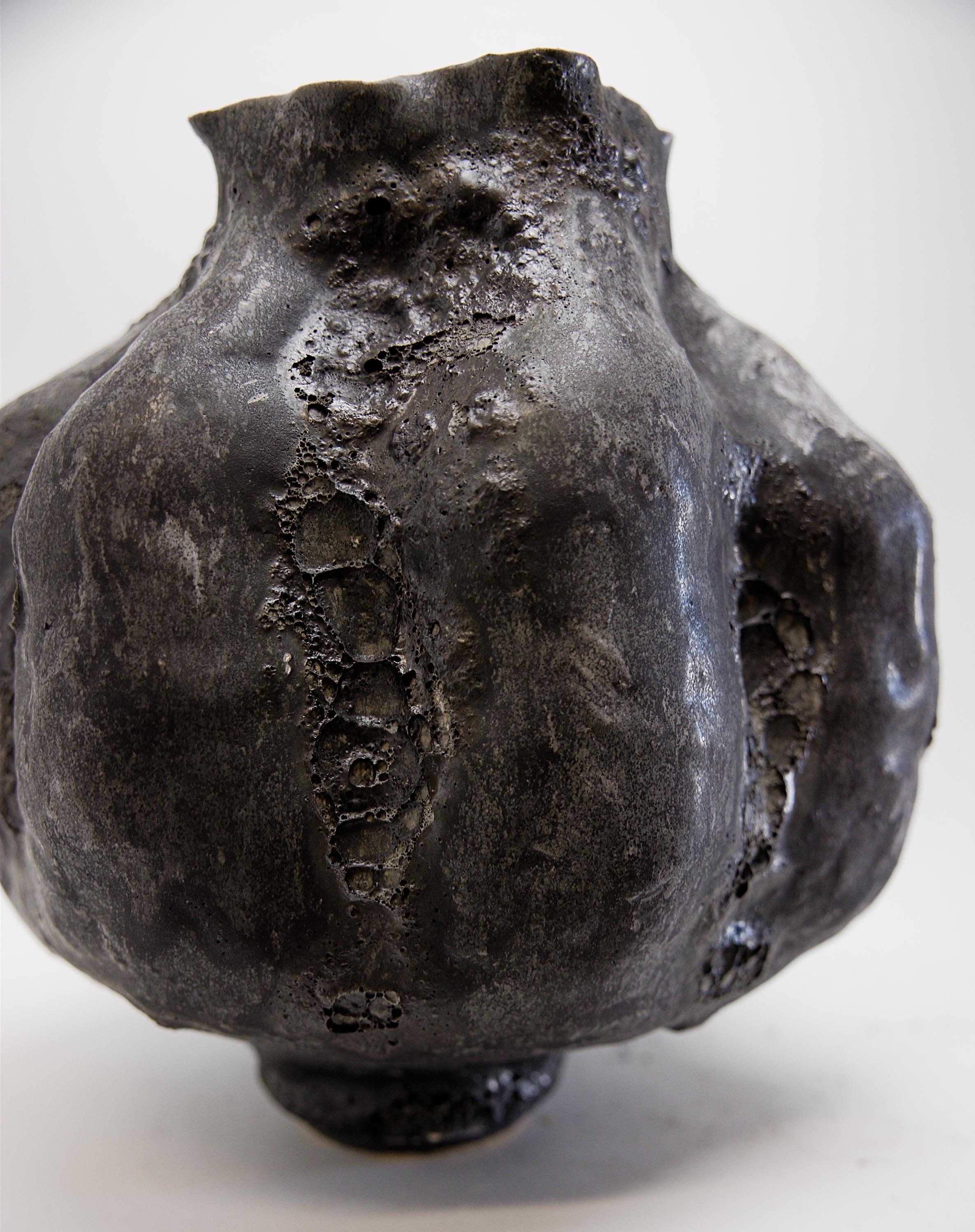 American Charcoal Black Lava Gourd Vase For Sale