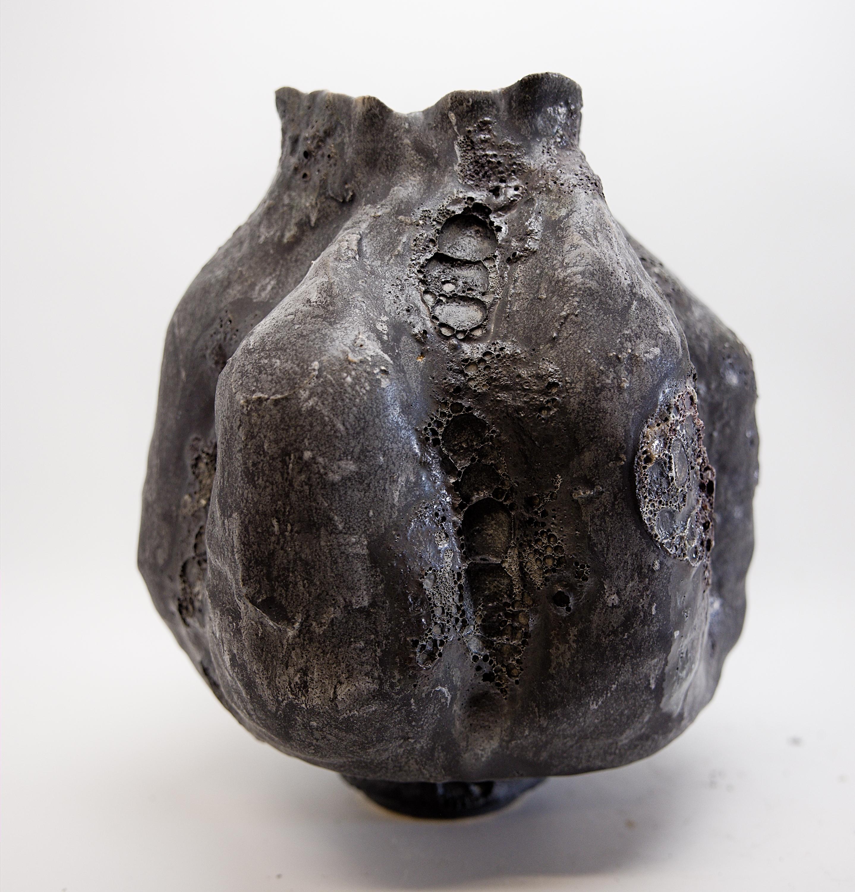 Glazed Charcoal Black Lava Gourd Vase For Sale