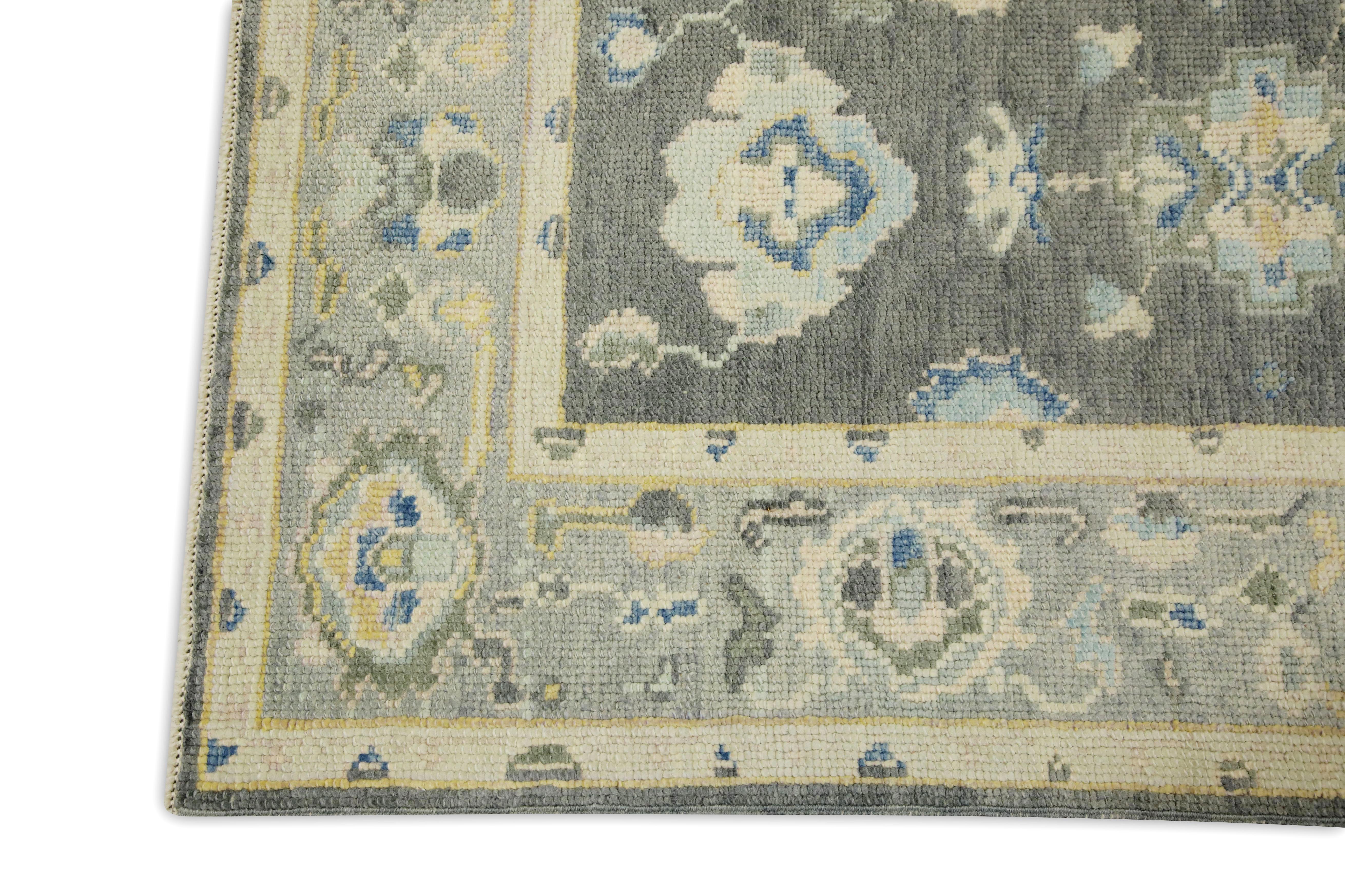 Hand-Woven Charcoal & Blue Floral Design Handwoven Wool Turkish Oushak Rug 2'11