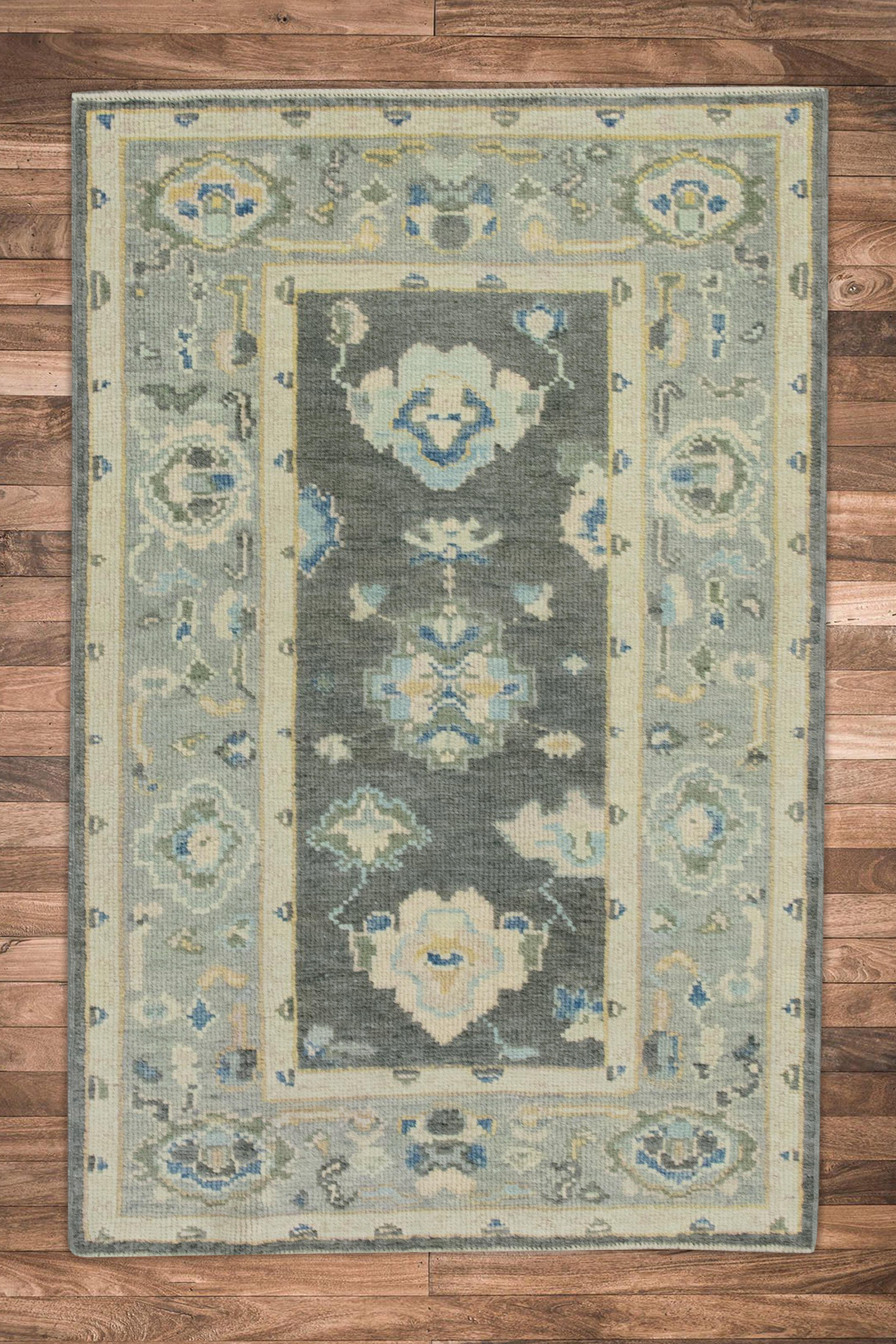 Contemporary Charcoal & Blue Floral Design Handwoven Wool Turkish Oushak Rug 2'11