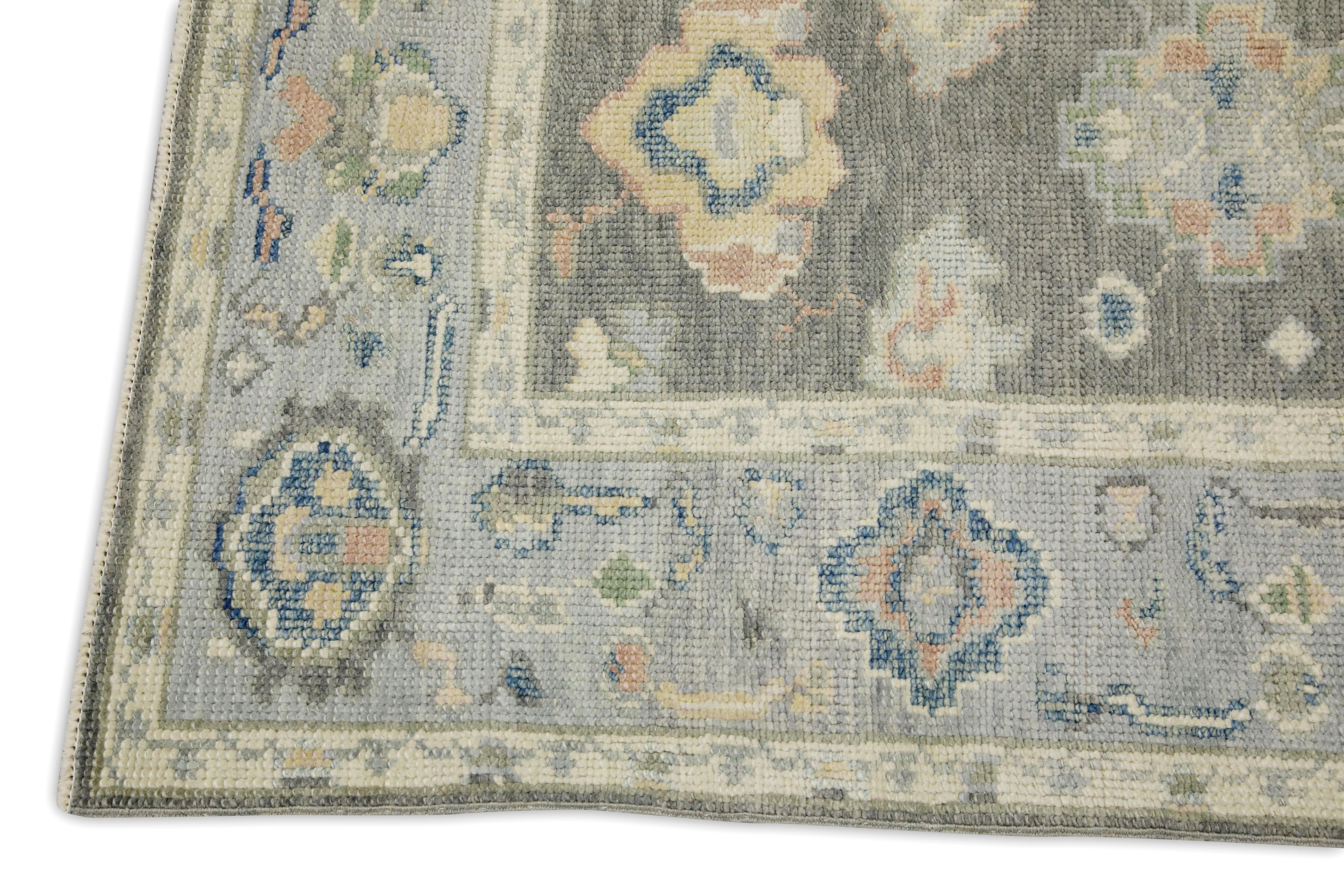 Hand-Woven Charcoal & Blue Floral Design Handwoven Wool Turkish Oushak Rug 3' x 4'9