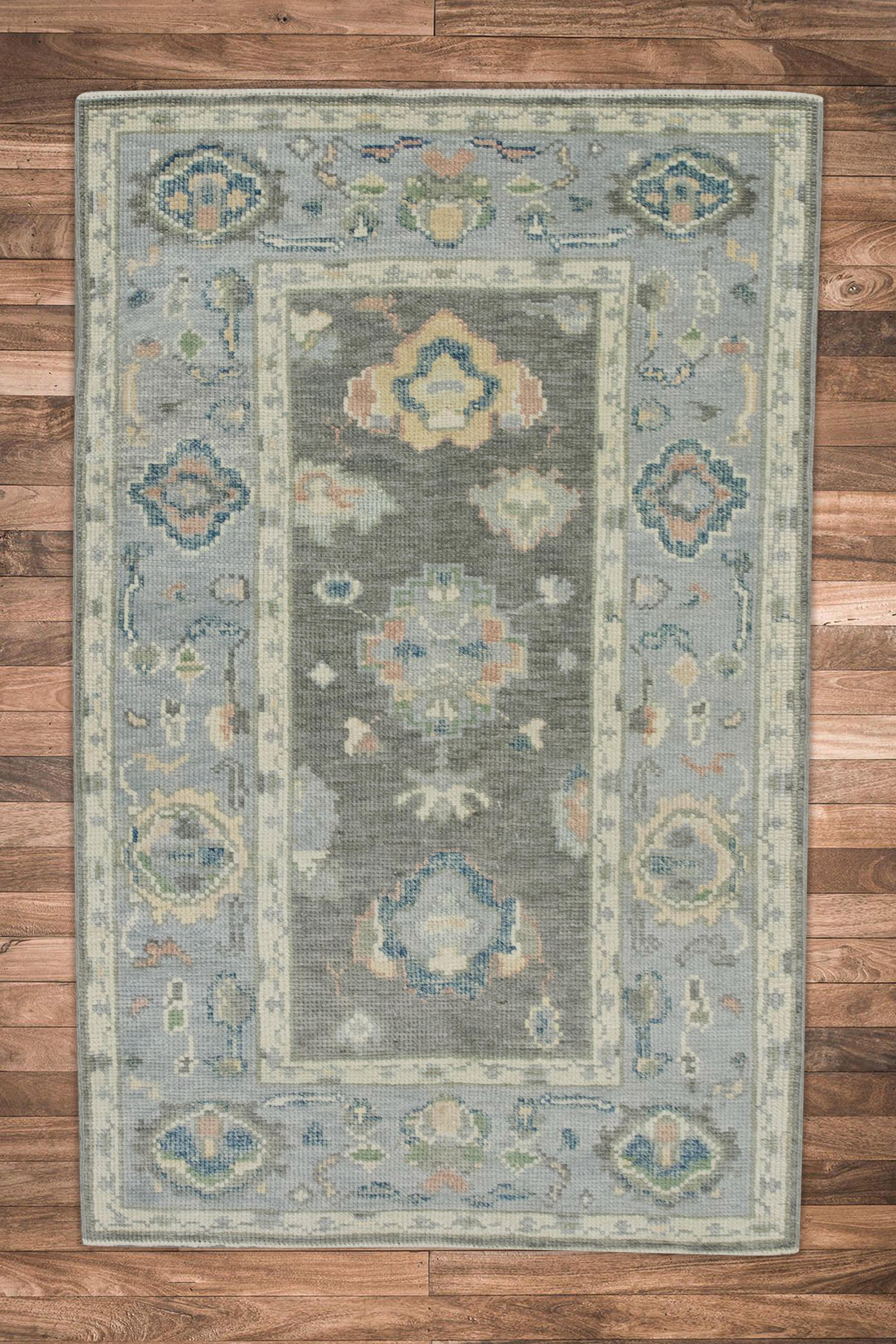 Contemporary Charcoal & Blue Floral Design Handwoven Wool Turkish Oushak Rug 3' x 4'9