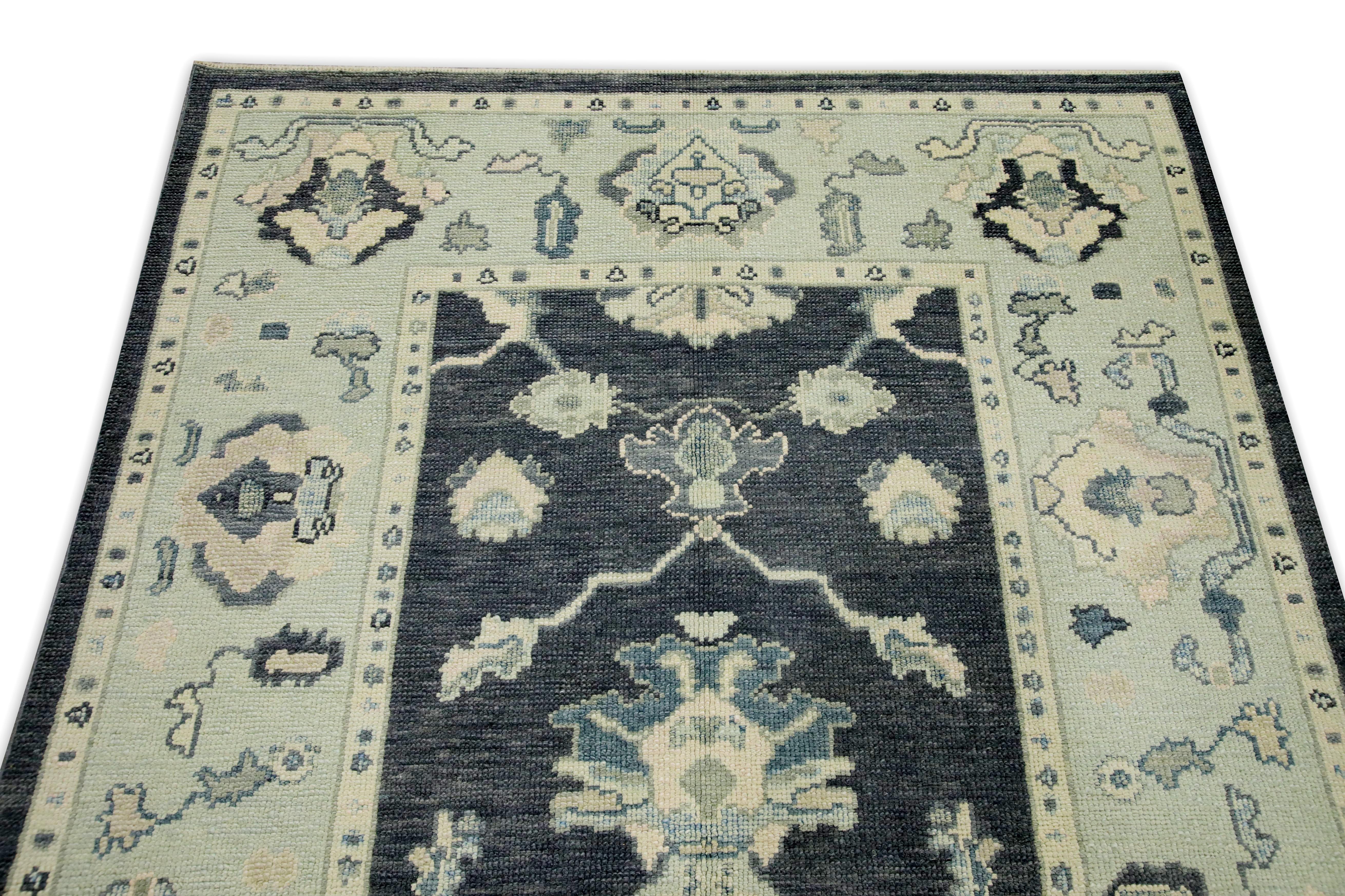 Charcoal & Blue Floral Design Handwoven Wool Turkish Oushak Rug 4'11