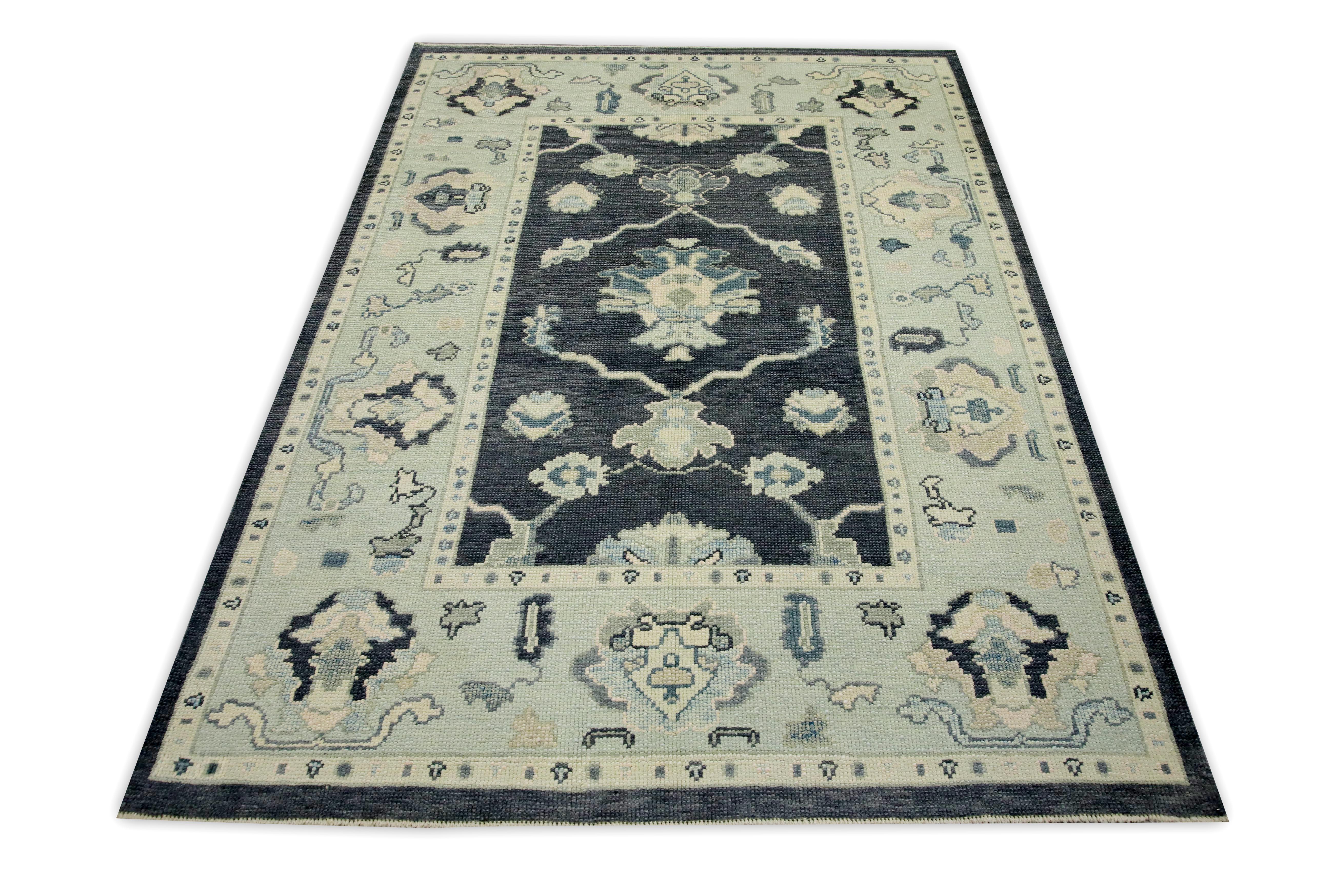 Contemporary Charcoal & Blue Floral Design Handwoven Wool Turkish Oushak Rug 4'11