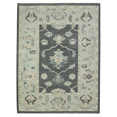 Charcoal & Blue Floral Design Handwoven Wool Turkish Oushak Rug 4'11" x 6'10"