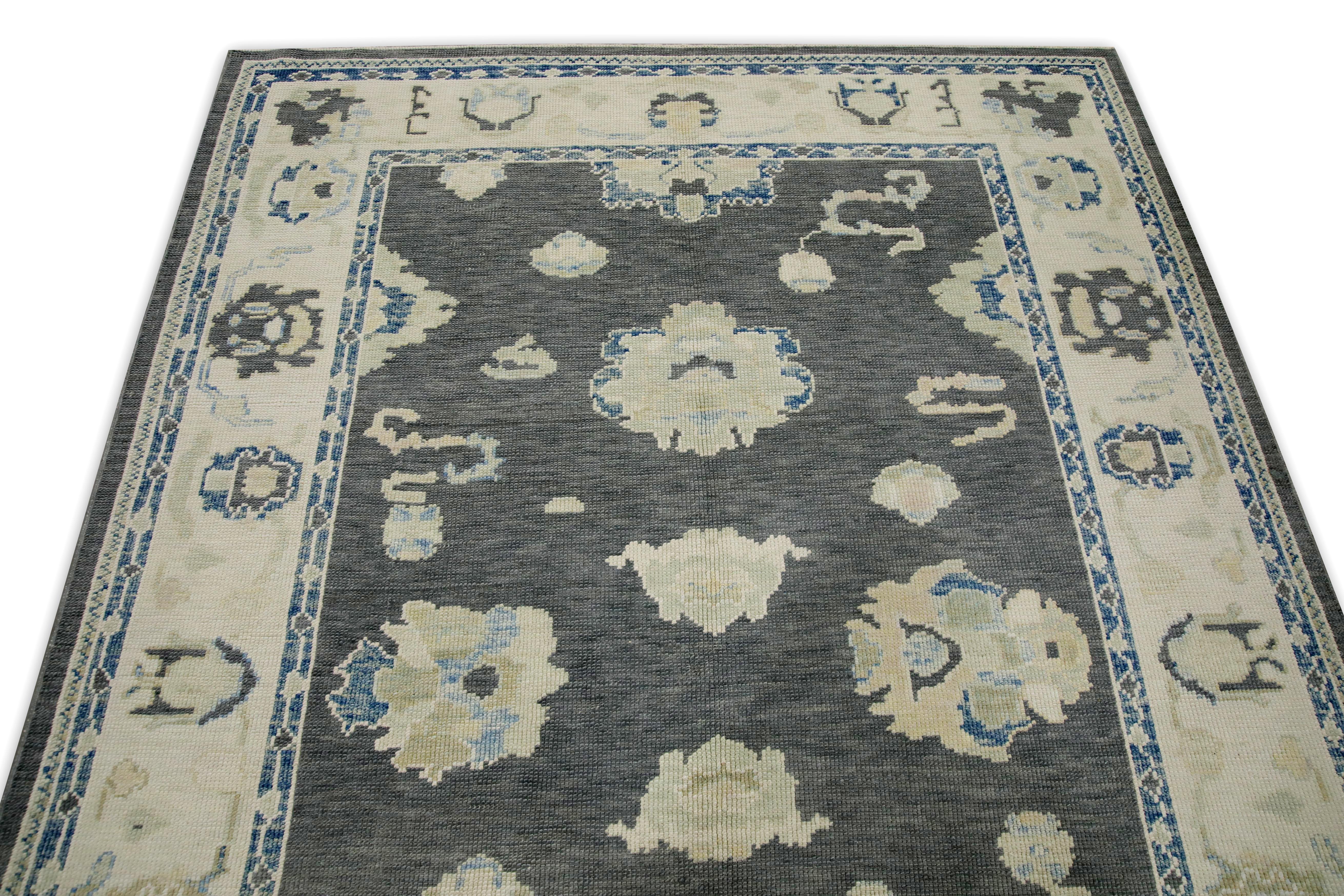 Charcoal & Blue Floral Design Handwoven Wool Turkish Oushak Rug 5'10