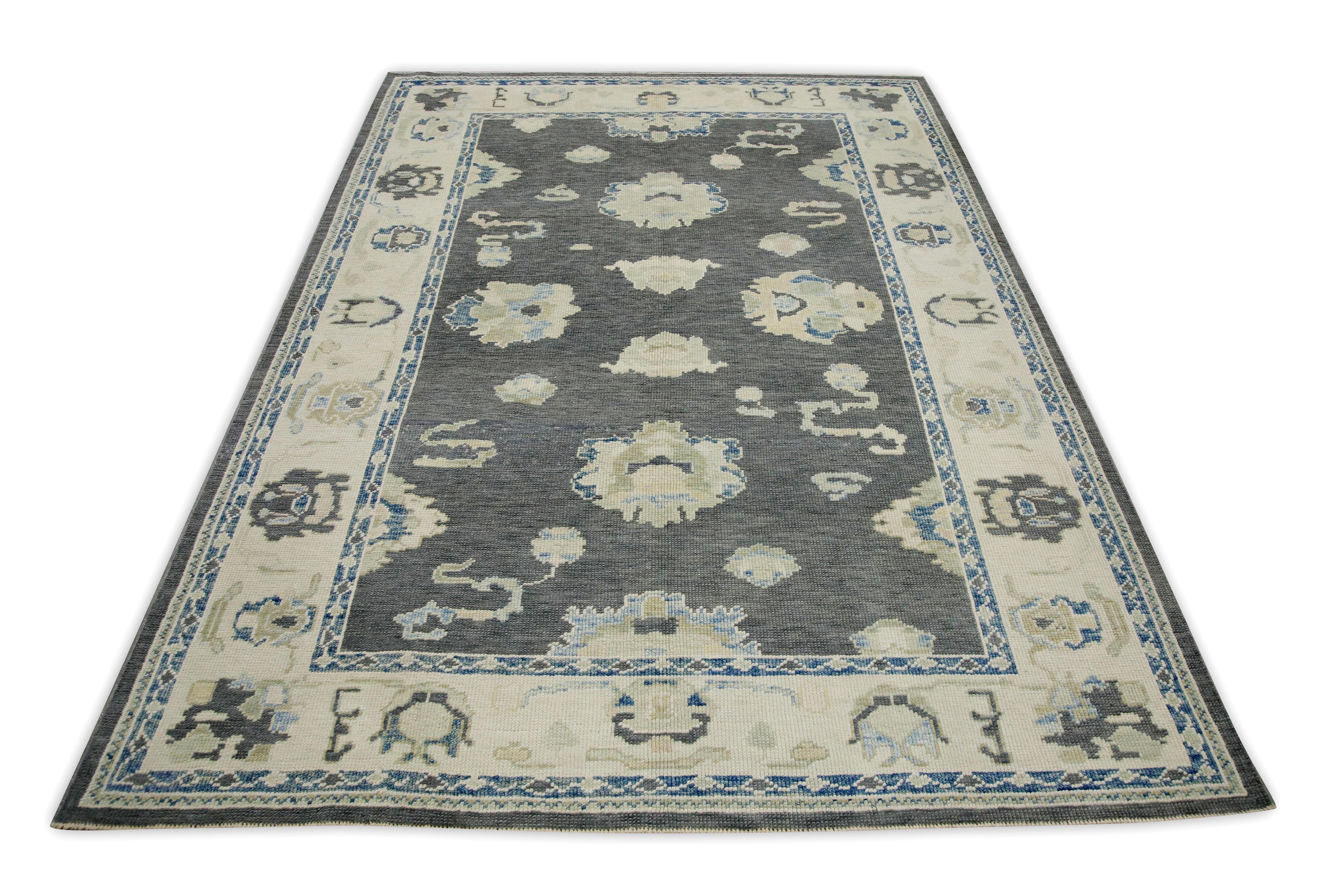 Contemporary Charcoal & Blue Floral Design Handwoven Wool Turkish Oushak Rug 5'10