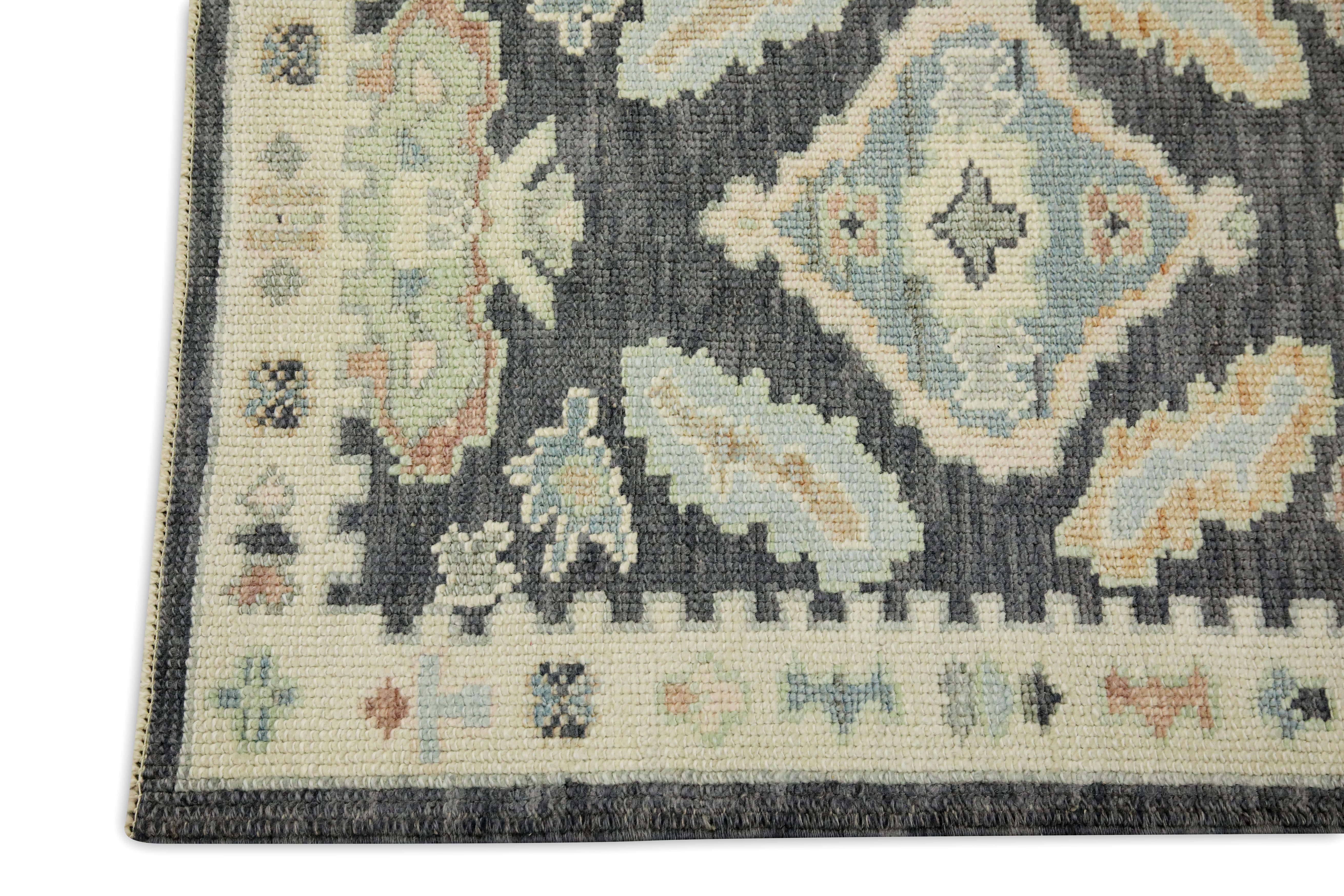 Hand-Woven Charcoal & Blue Geometric Design Handwoven Wool Turkish Oushak Rug