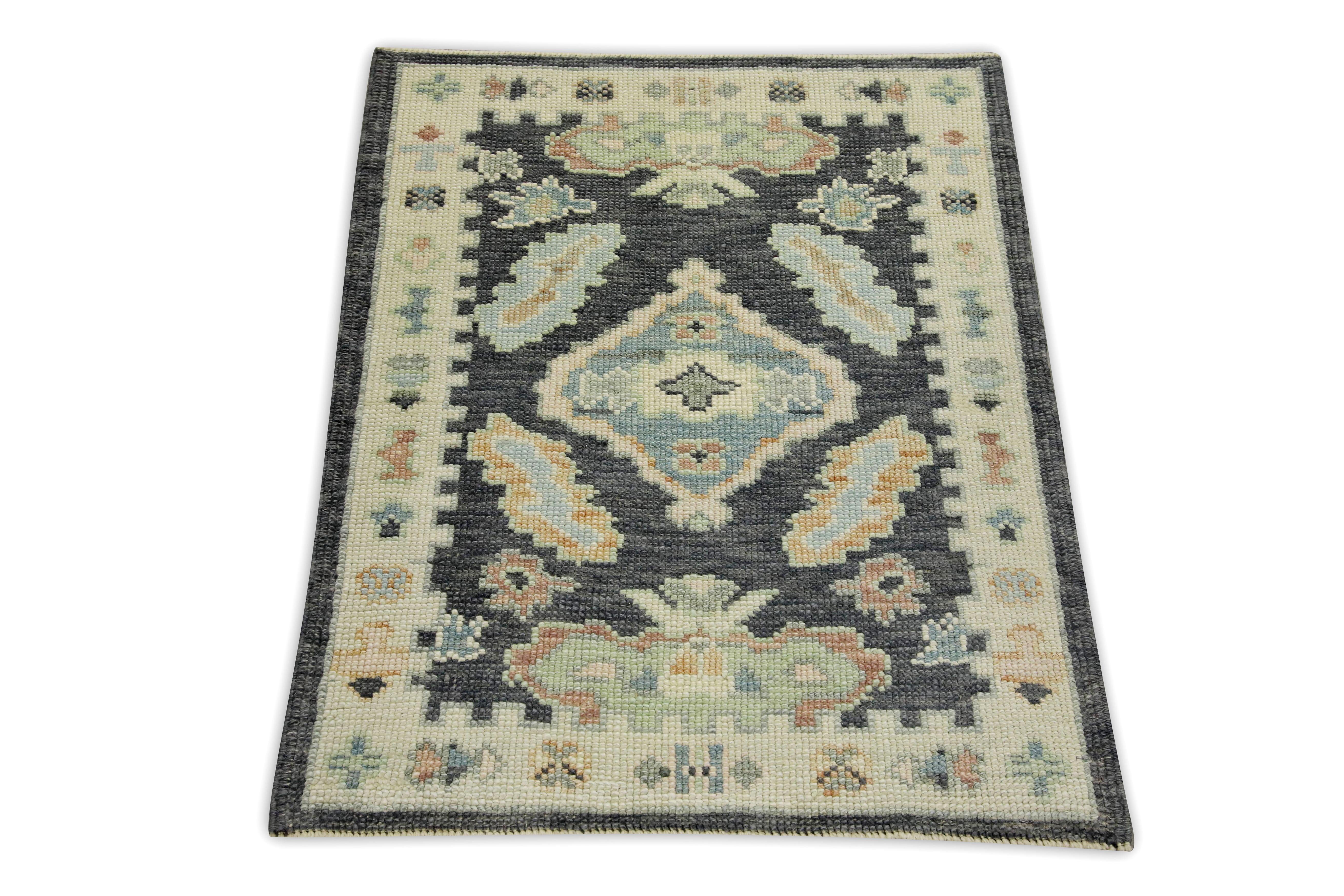 Charcoal & Blue Geometric Design Handwoven Wool Turkish Oushak Rug In New Condition For Sale In Houston, TX