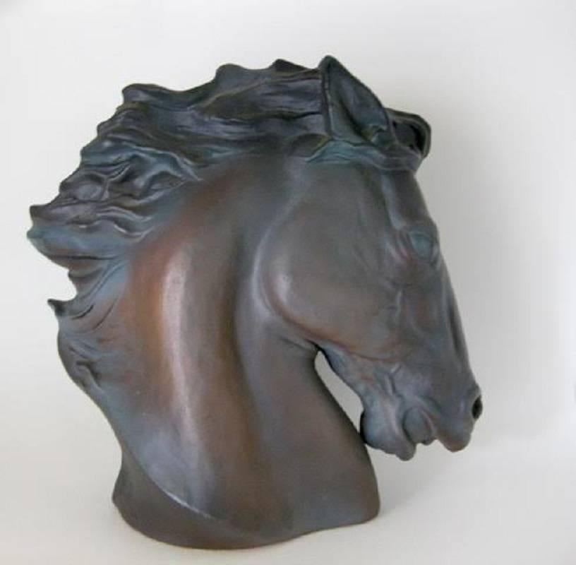Charcoal Bronze-Glazed Ceramic Horse Head Bust In Excellent Condition In Sacramento, CA