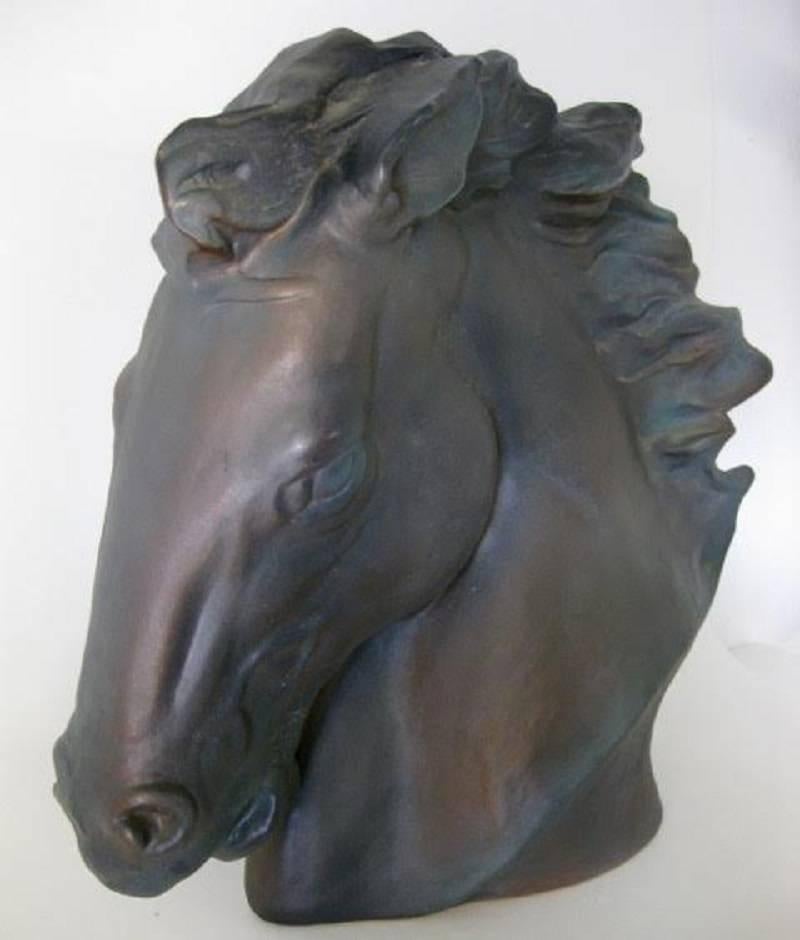 20th Century Charcoal Bronze-Glazed Ceramic Horse Head Bust