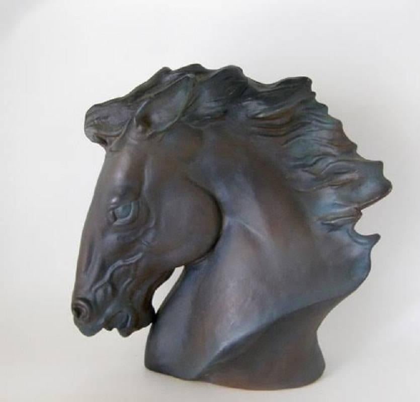 Charcoal Bronze-Glazed Ceramic Horse Head Bust 2