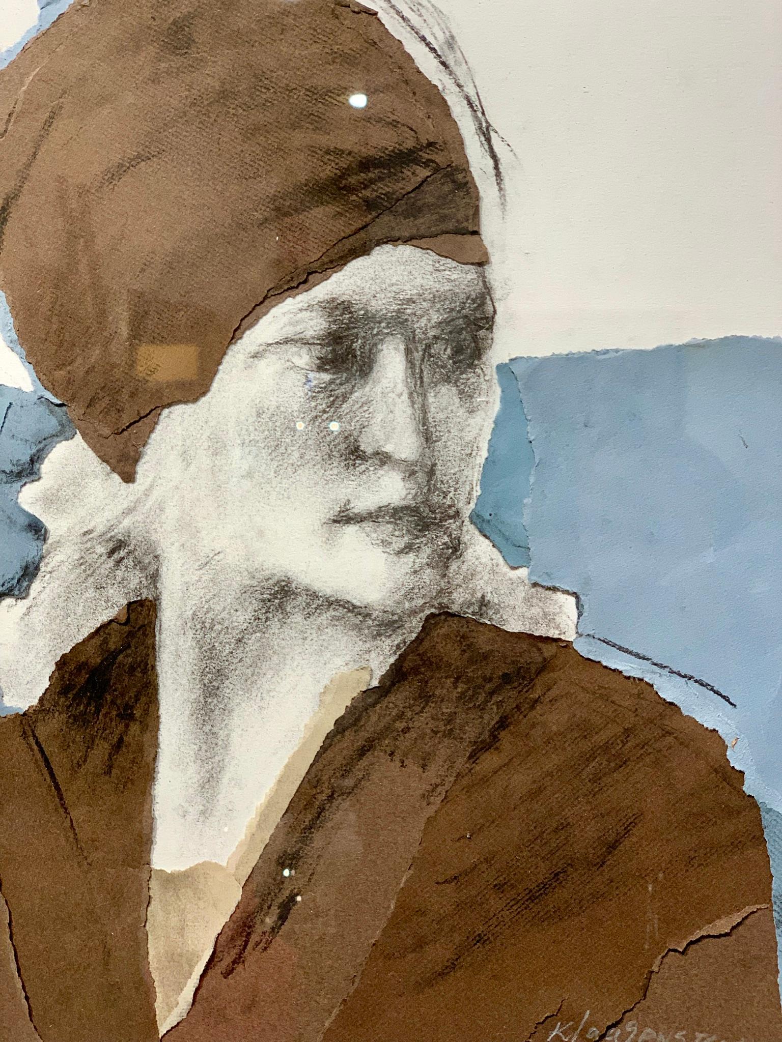 Charcoal collage portrait by Judith klausenstock. Klausenstock has a B.A. in fine art from Hardvard University. 

Collage #95 is dark brown and blue-gray on off white background. Signed at bottom right. 

Measures: D 1:14” x H 24” x W 20.25”