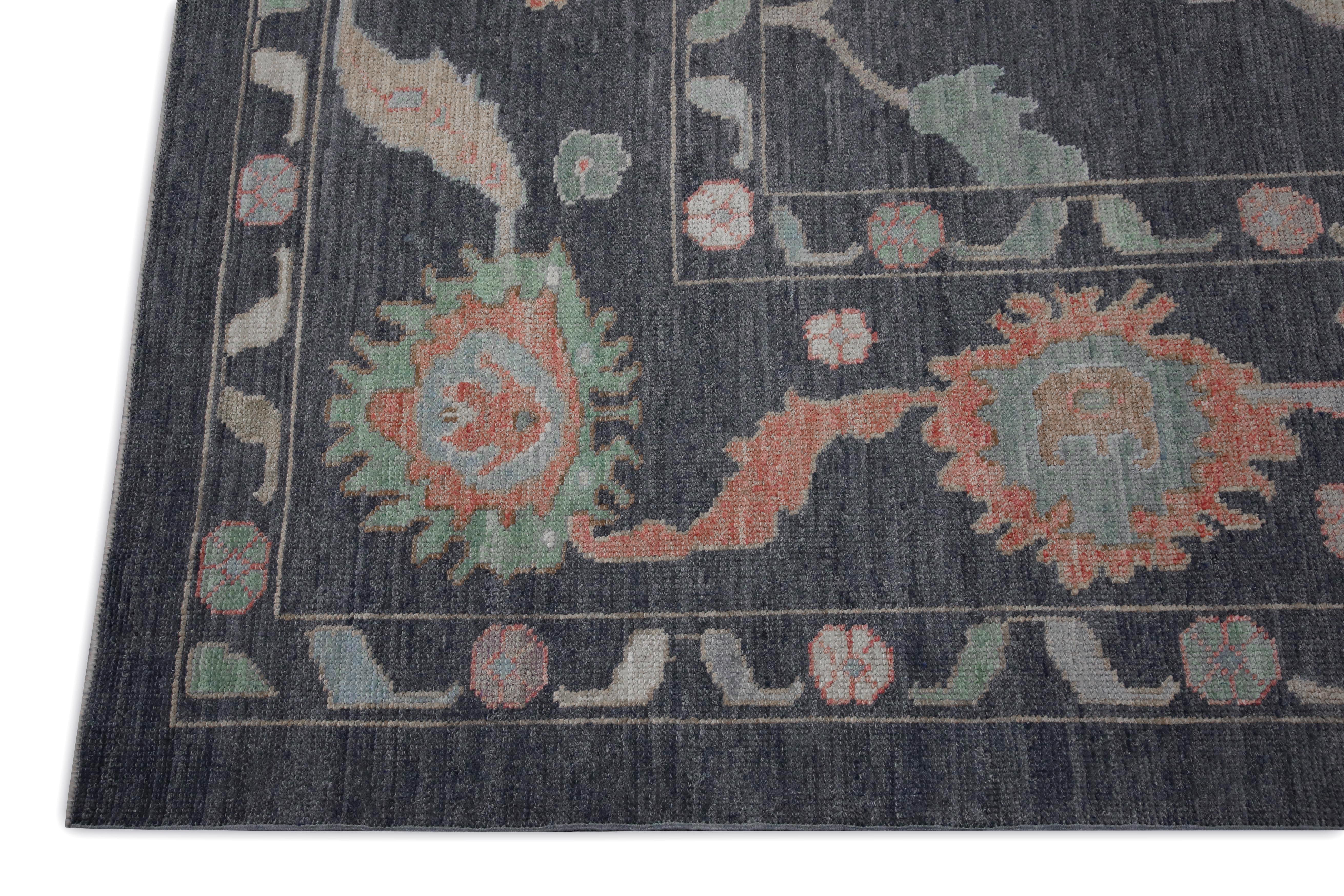Vegetable Dyed Charcoal Colorful Floral Design Handwoven Wool Turkish Oushak Rug 12' X 15'