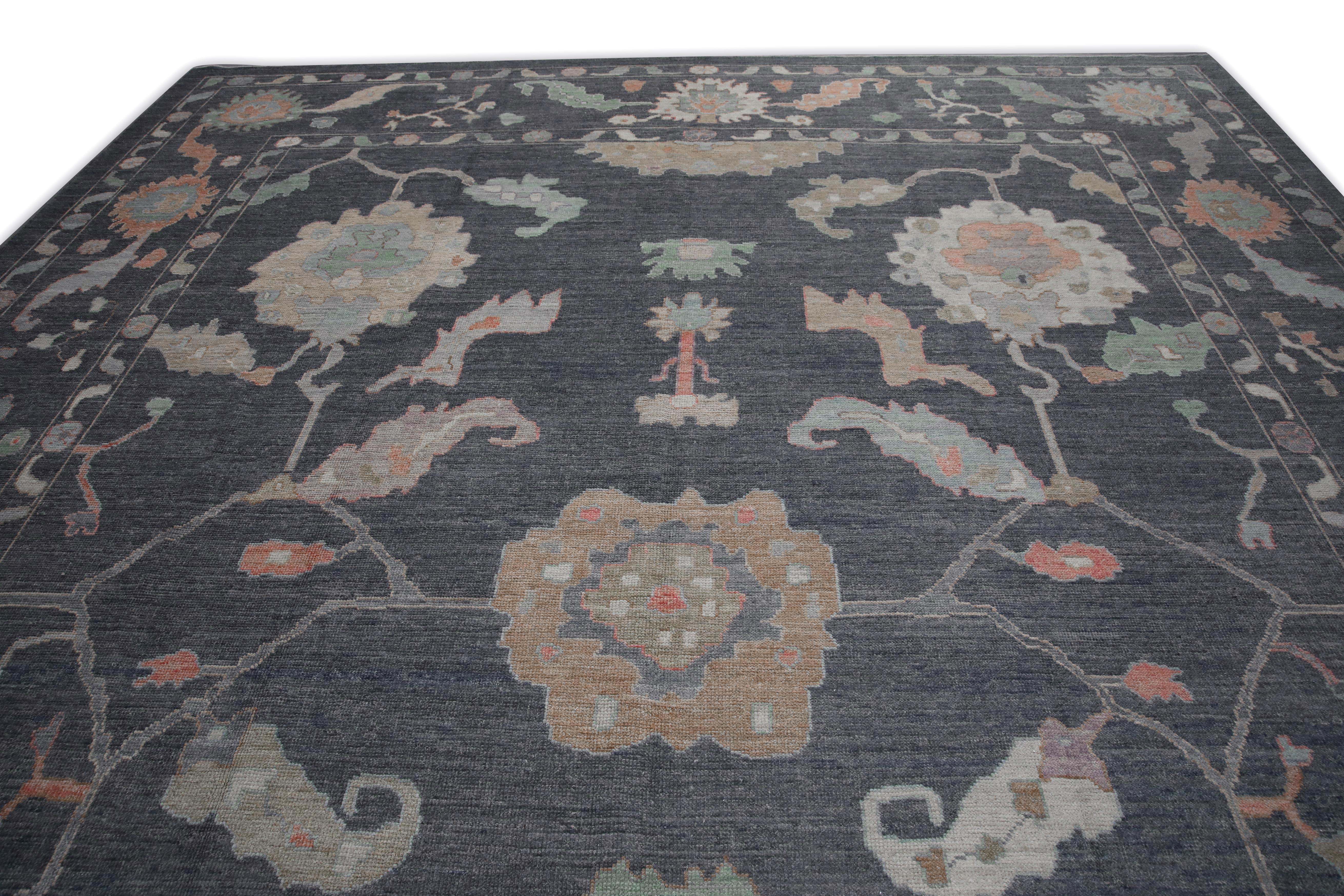 Charcoal Colorful Floral Design Handwoven Wool Turkish Oushak Rug 12' X 15' In New Condition In Houston, TX