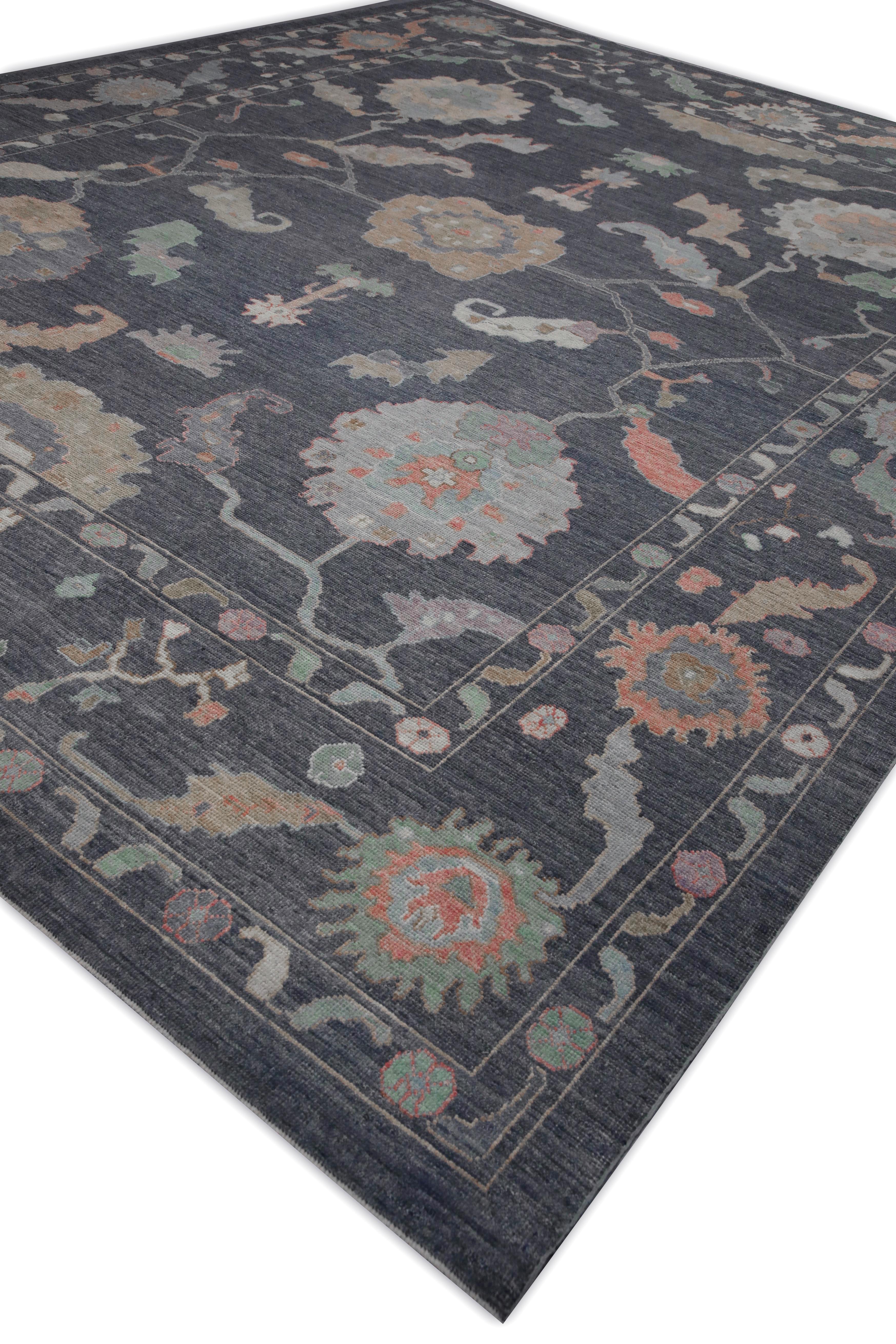 Contemporary Charcoal Colorful Floral Design Handwoven Wool Turkish Oushak Rug 12' X 15'