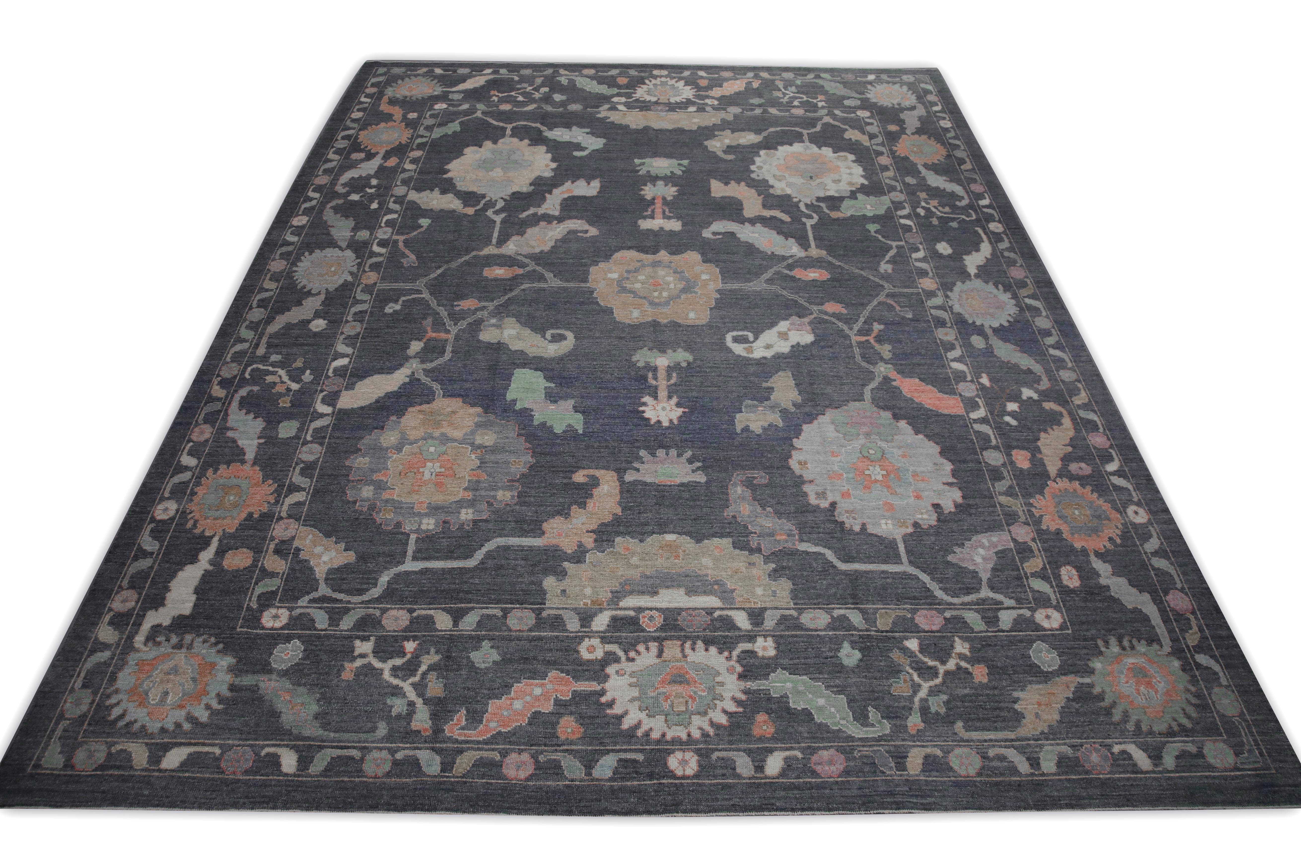 Charcoal Colorful Floral Design Handwoven Wool Turkish Oushak Rug 12' X 15' 1