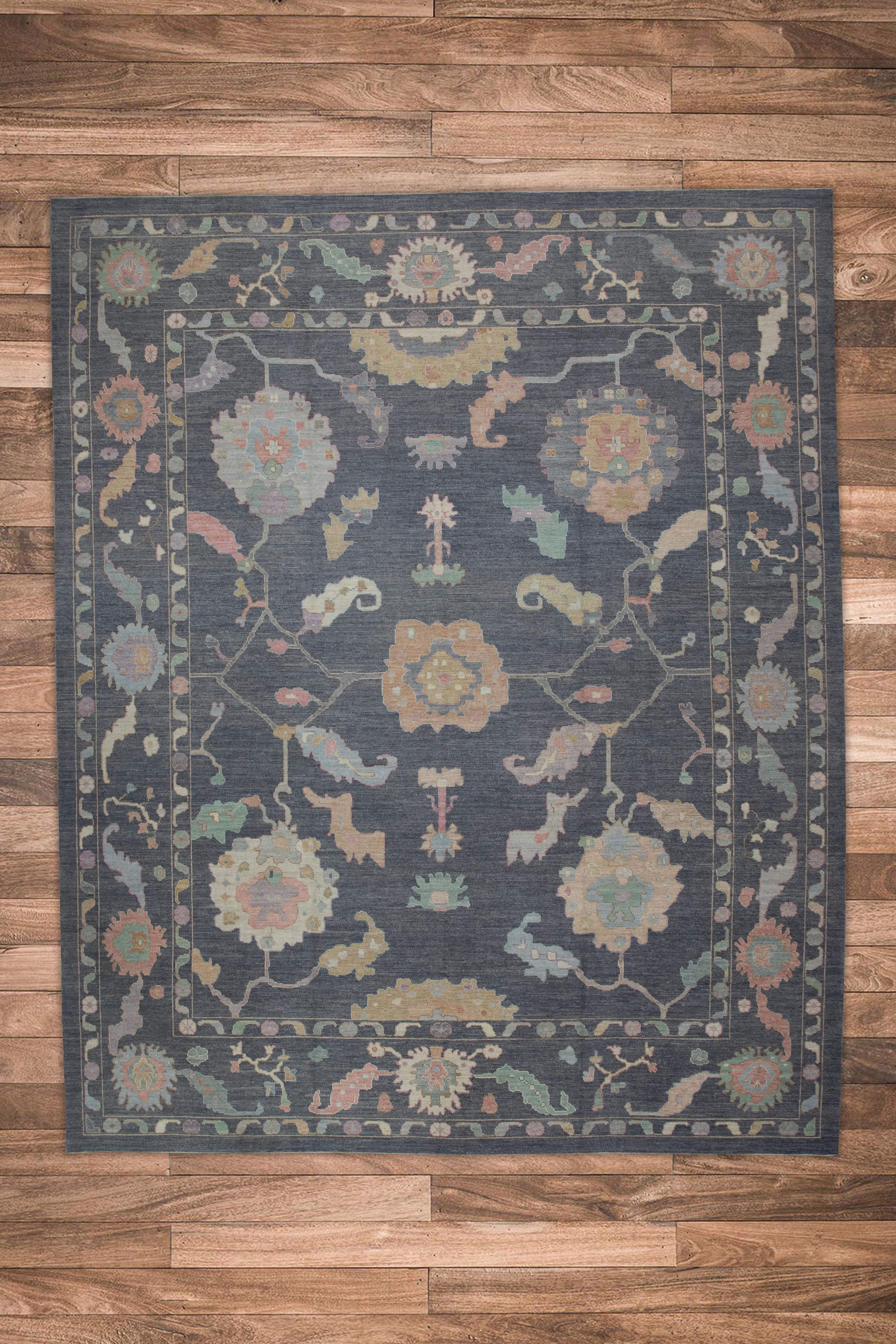 Charcoal Colorful Floral Design Handwoven Wool Turkish Oushak Rug 12' X 15' 2