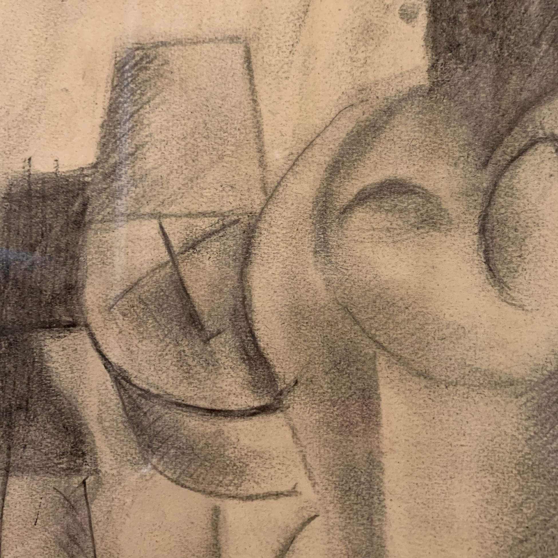 1950s French charcoal cubist drawing in the style of Georges Braque
Newly framed in black wood frame.
 