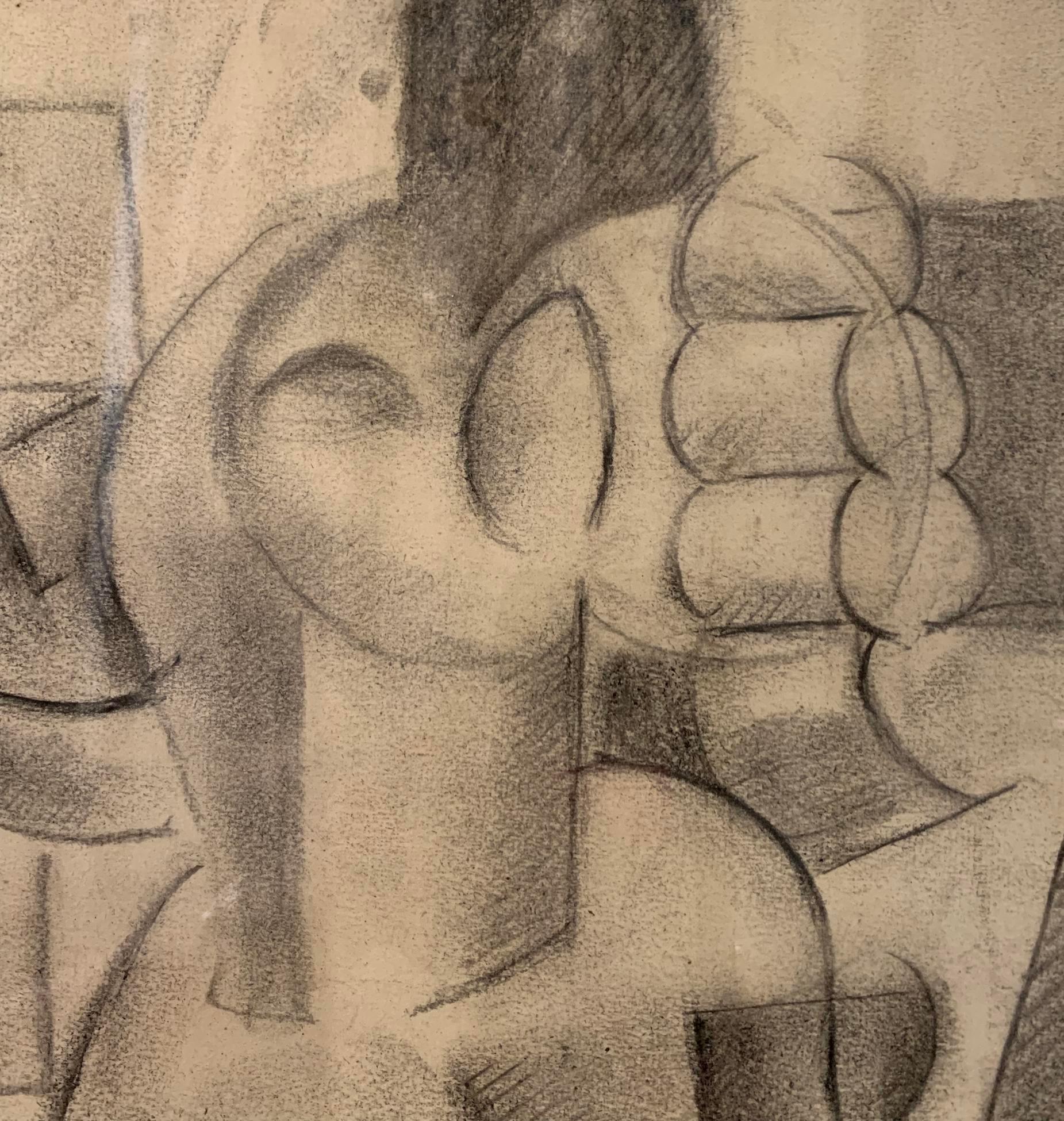 French Charcoal Cubist Drawing, France, 1950s