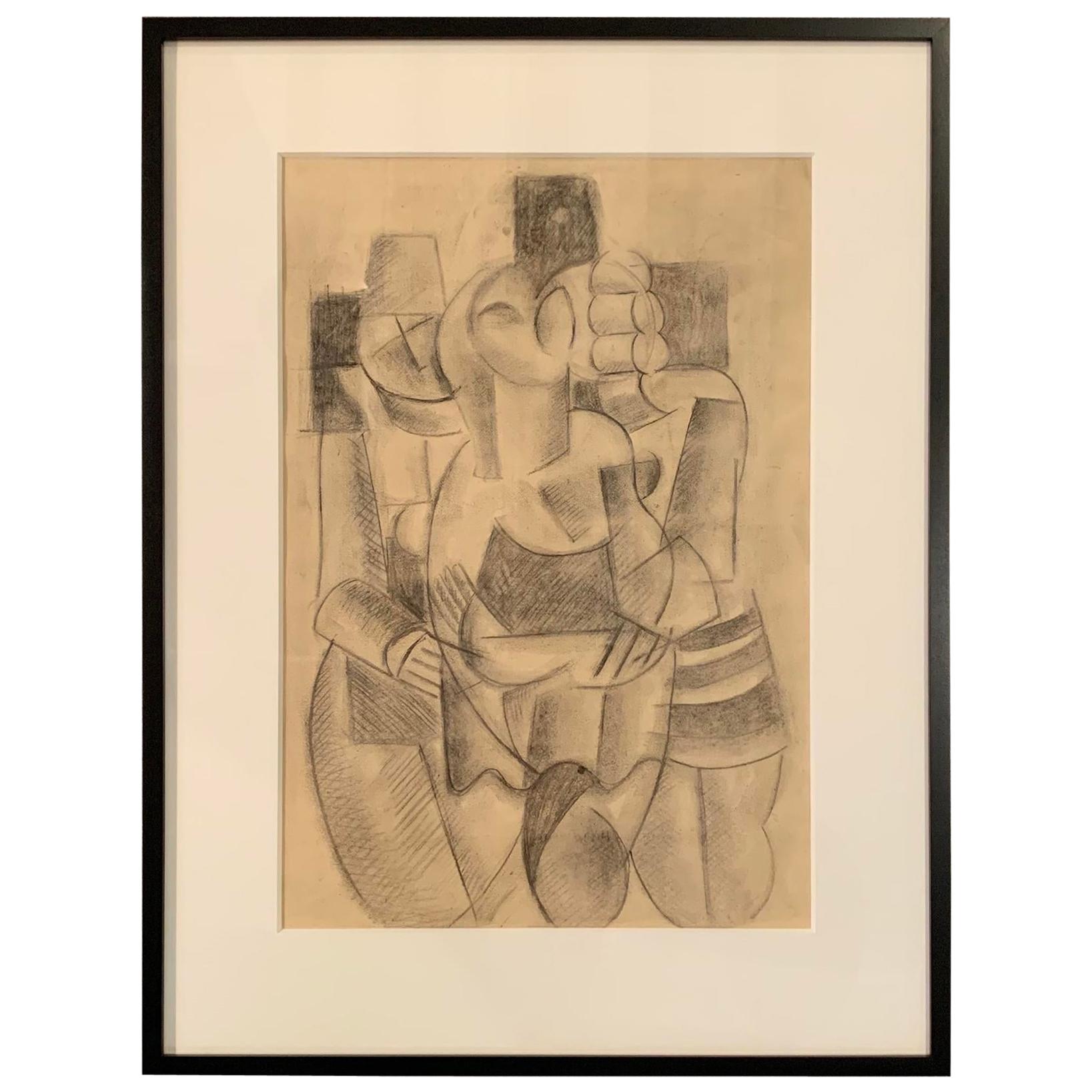 Charcoal Cubist Drawing, France, 1950s