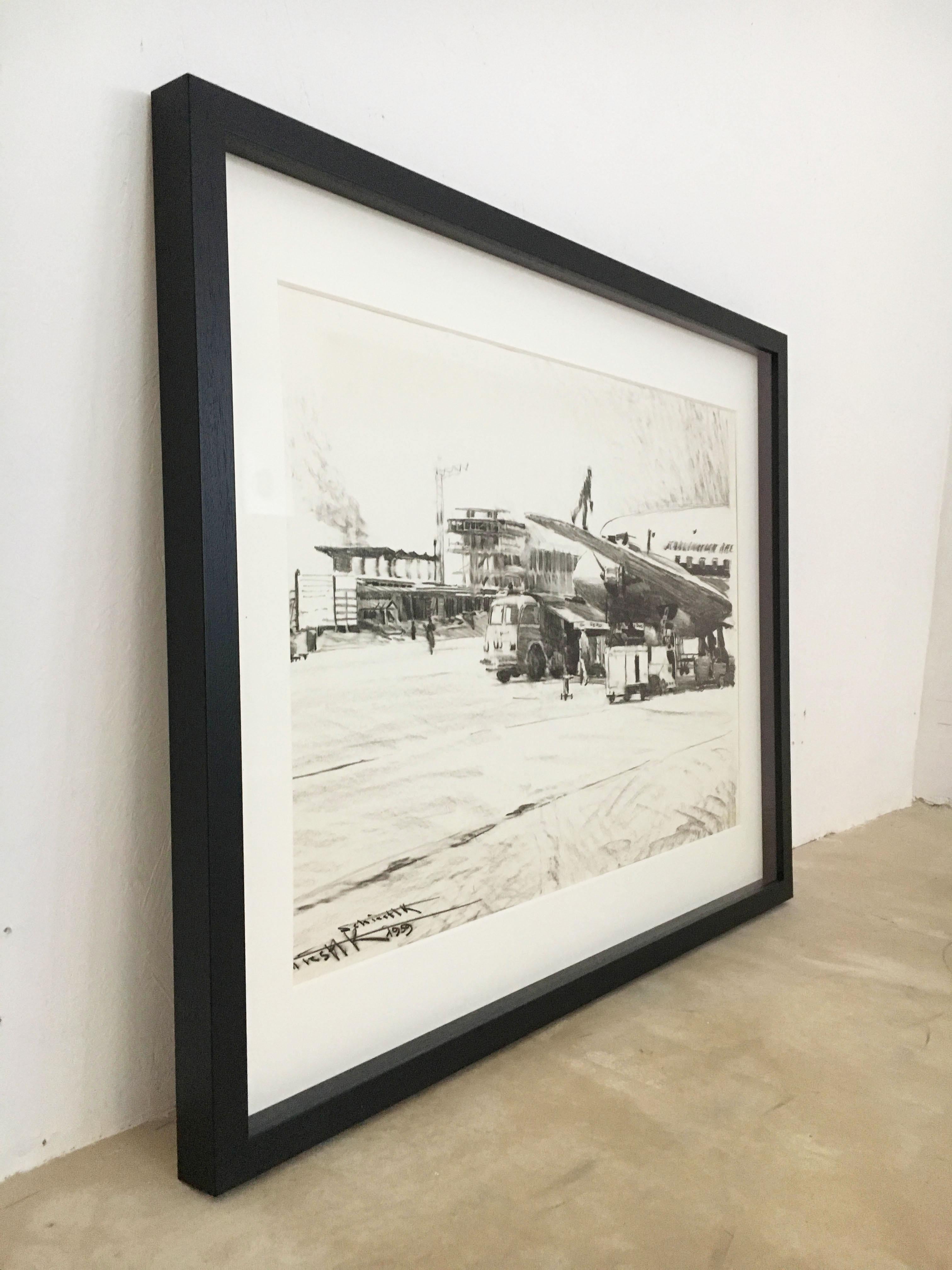 Mid-Century Modern Charcoal Drawing Airport Vienna 1959, Drawing #4 For Sale