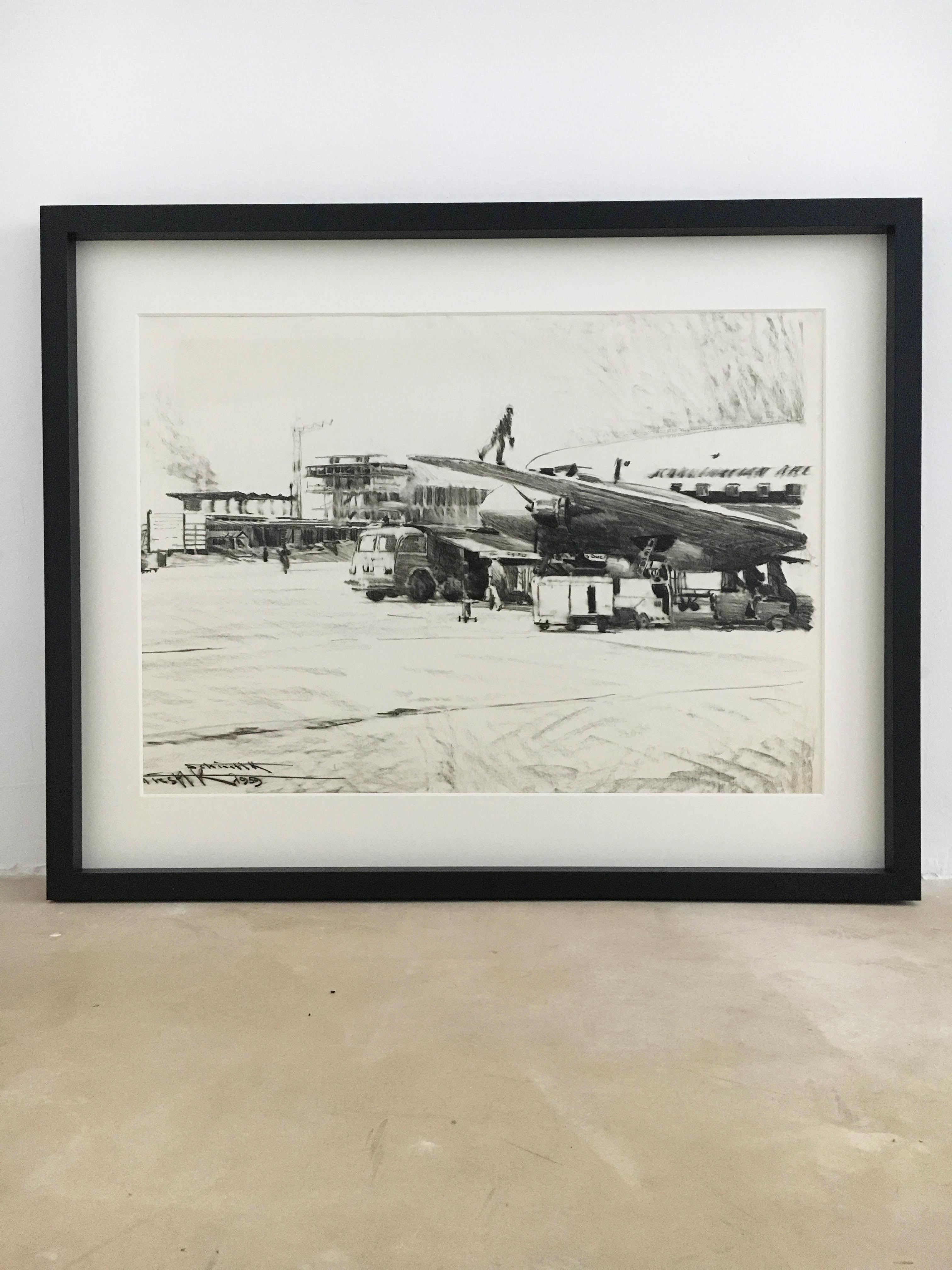 A charcoal drawing from the Airport Vienna 1959. 