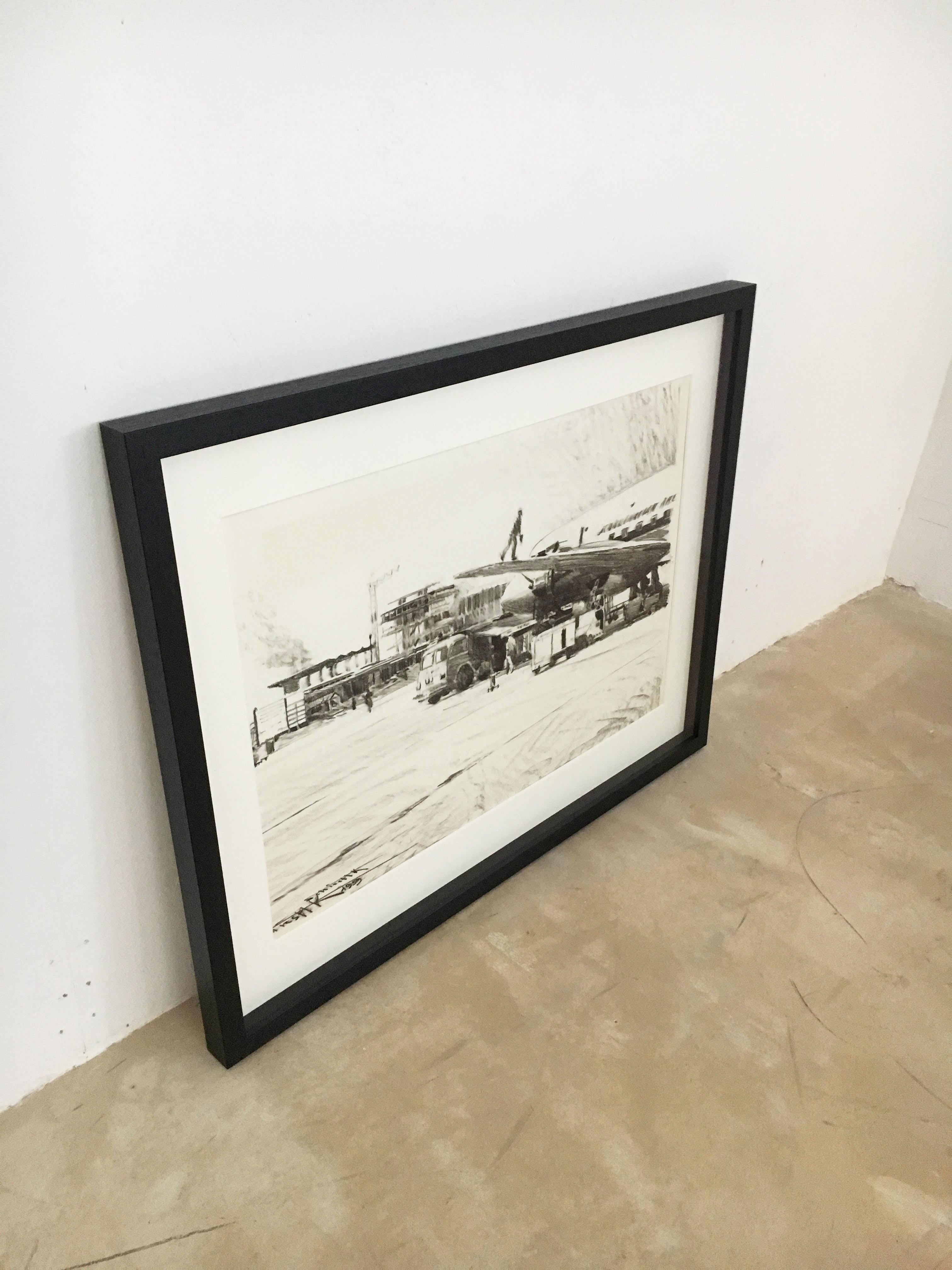 Austrian Charcoal Drawing Airport Vienna 1959, Drawing #4 For Sale