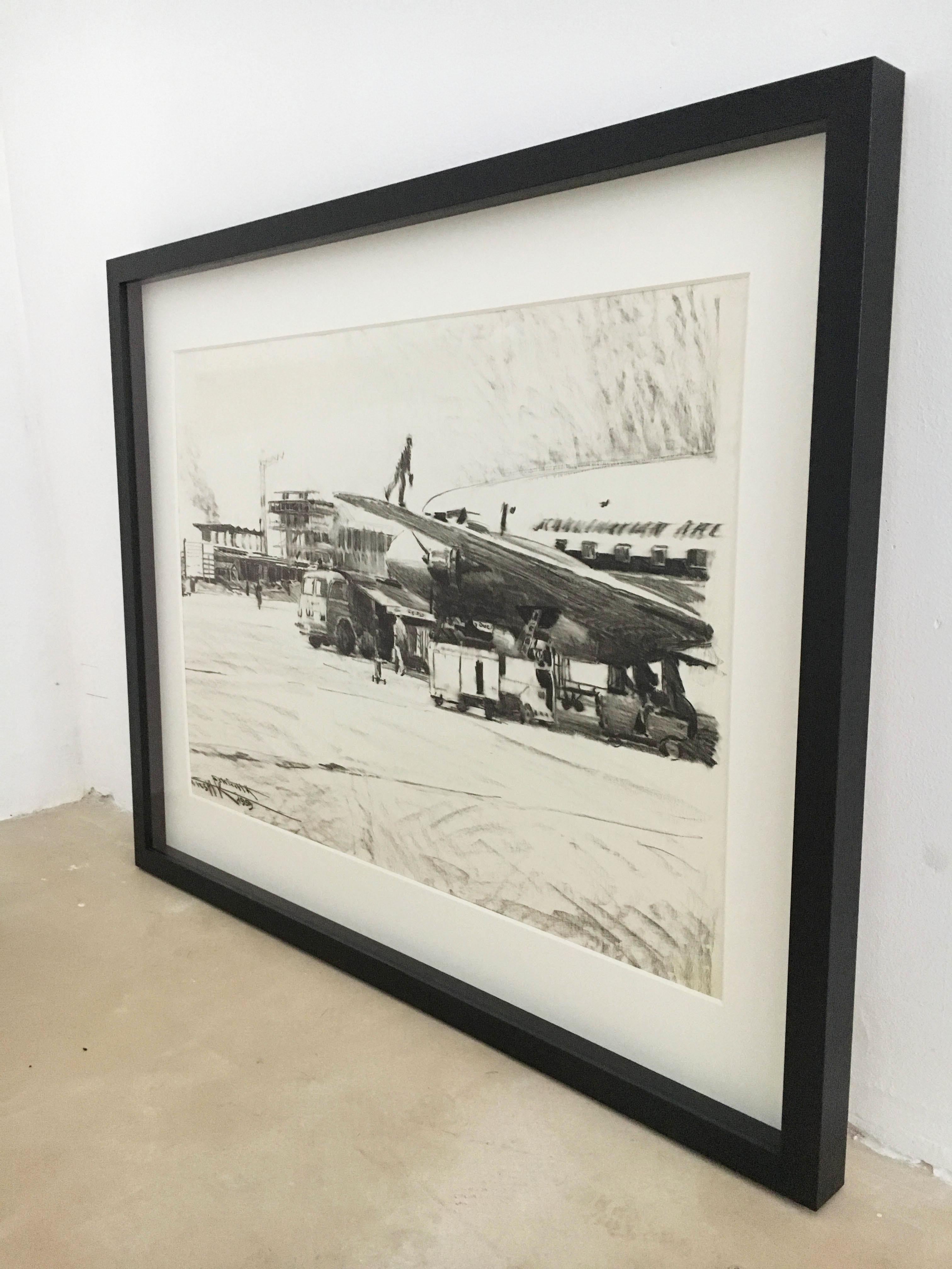 Wood Charcoal Drawing Airport Vienna 1959, Drawing #4 For Sale