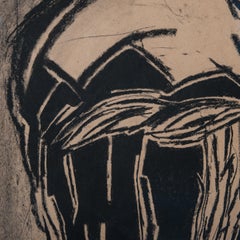 Charcoal Drawing Black-Beige Michel Batlle 1987 Handworked Frame, Museums Glass
